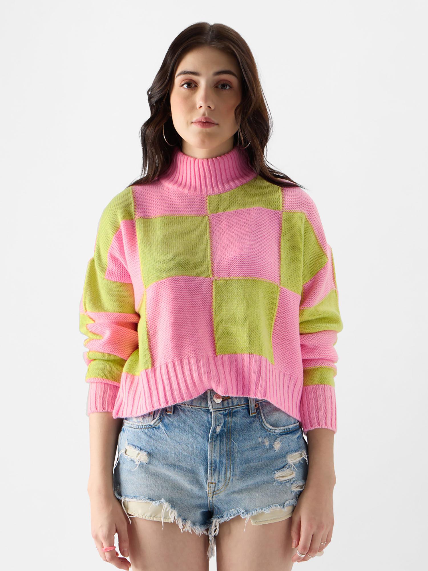 solids: pink, green colourblock women turtle neck sweater