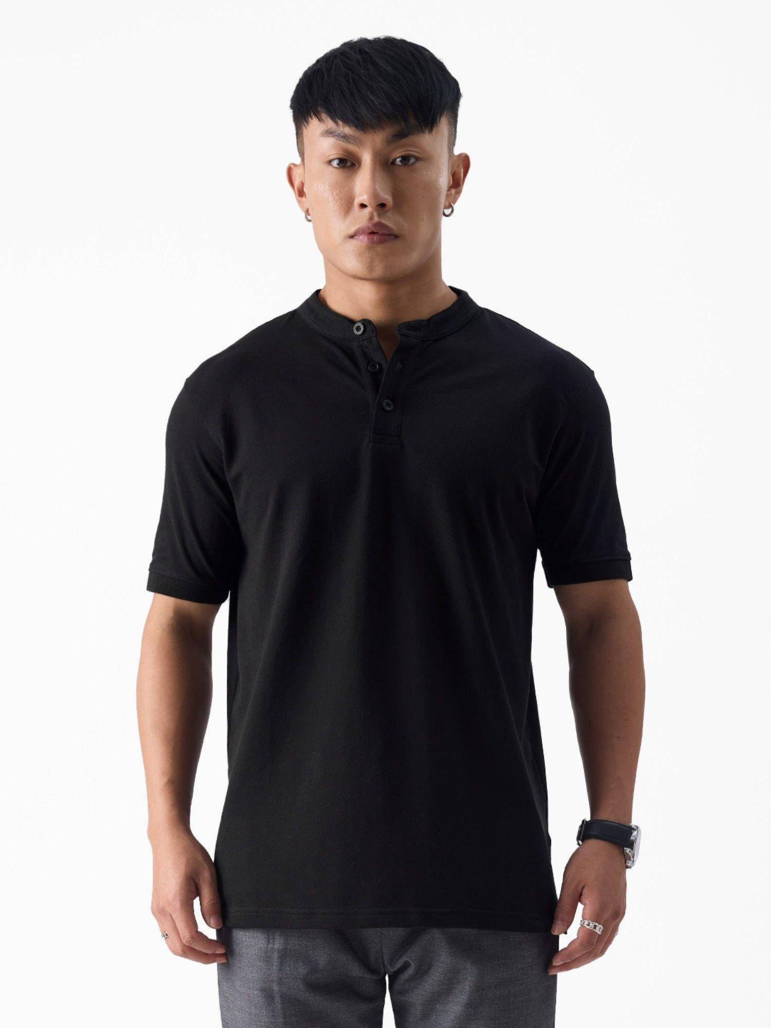 solids: mystery black mandarin neck t-shirt for mens