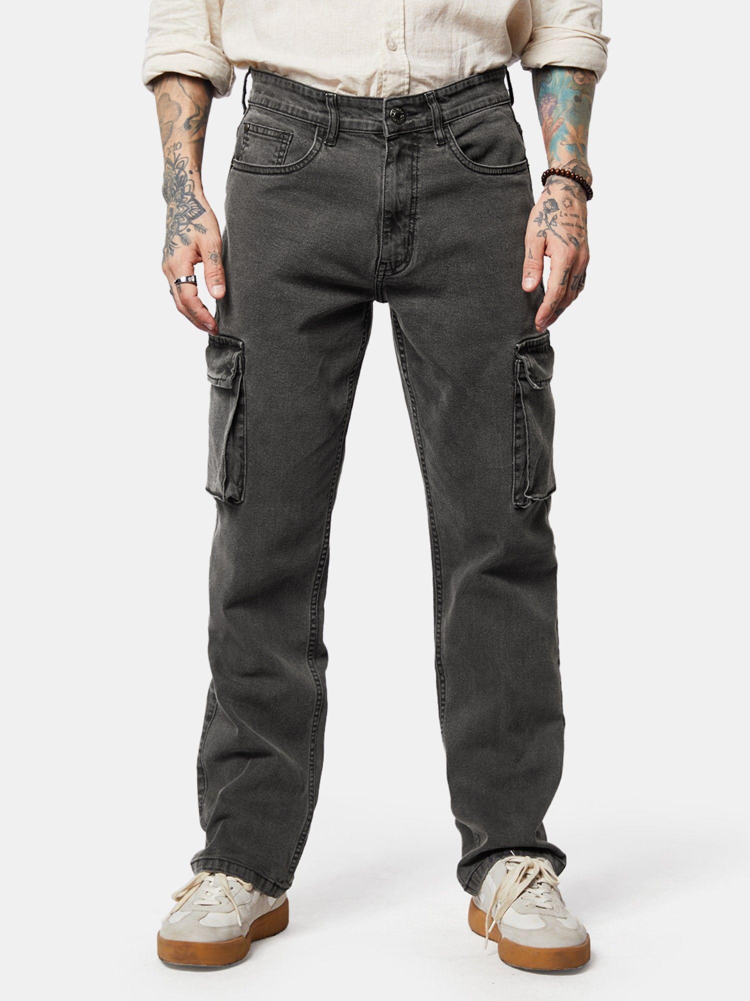 solids : ash grey straight fit men cargo jeans