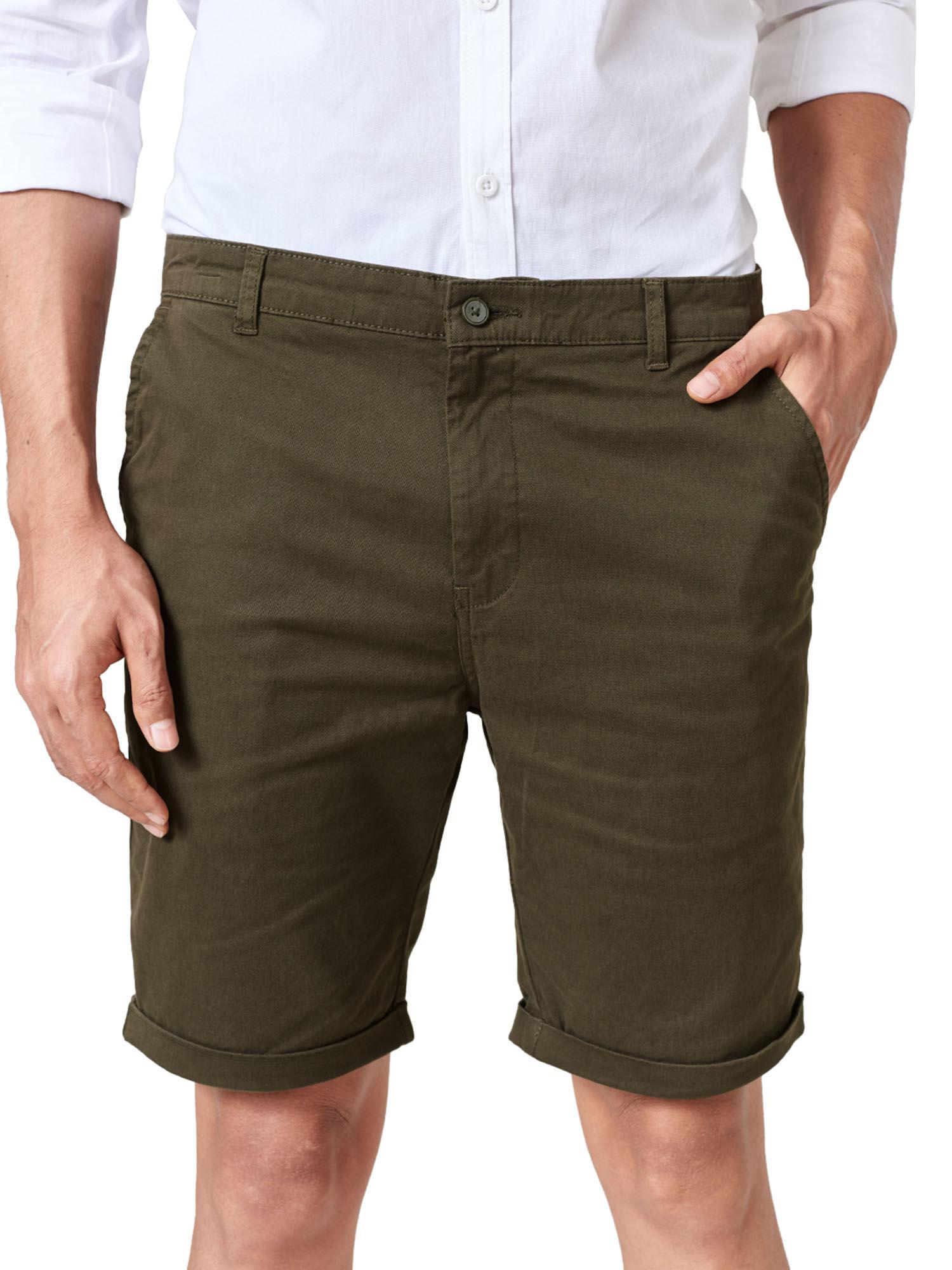 solids dark olive twill shorts for men