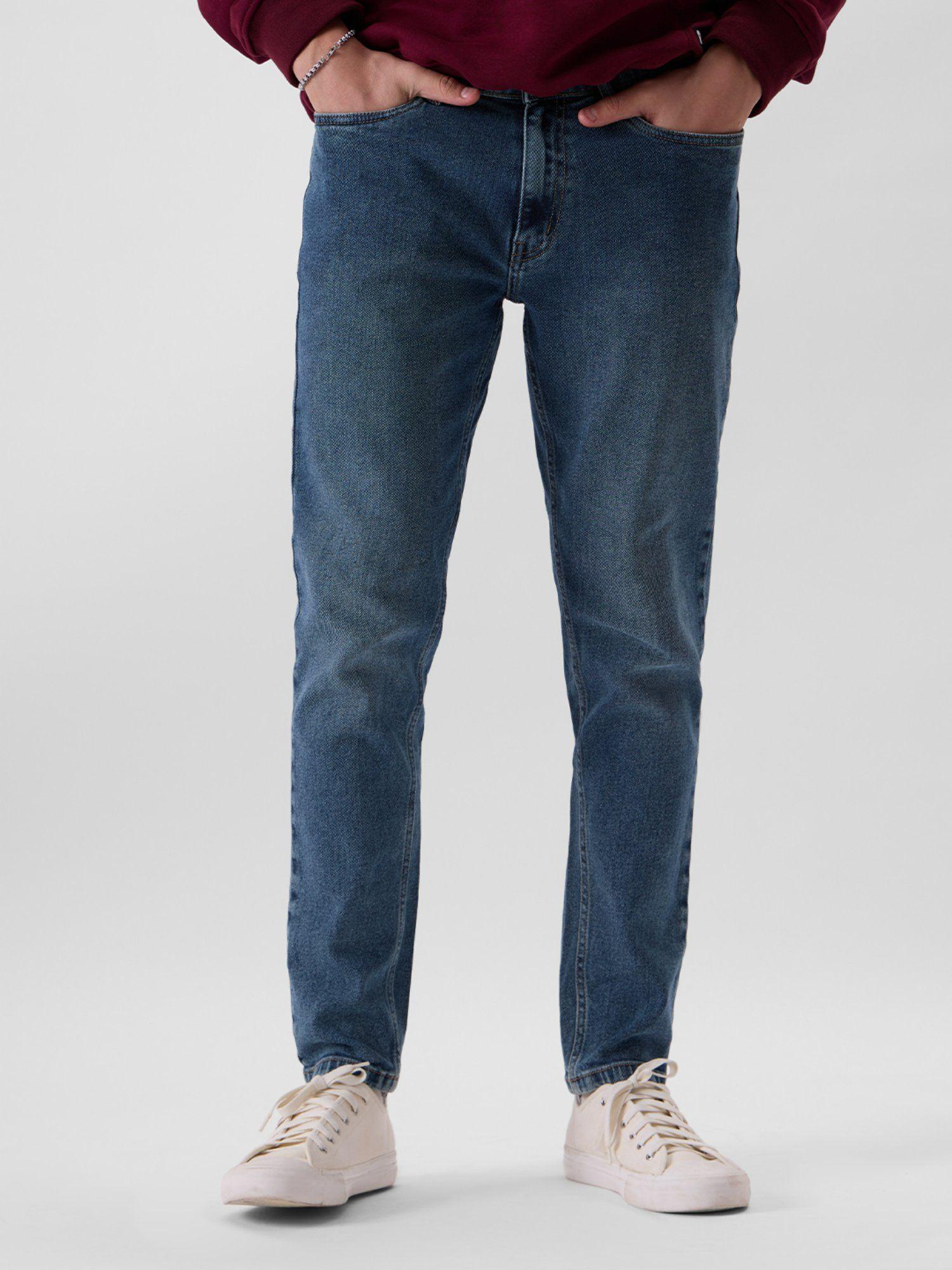 solids mid blue slim fit men jeans