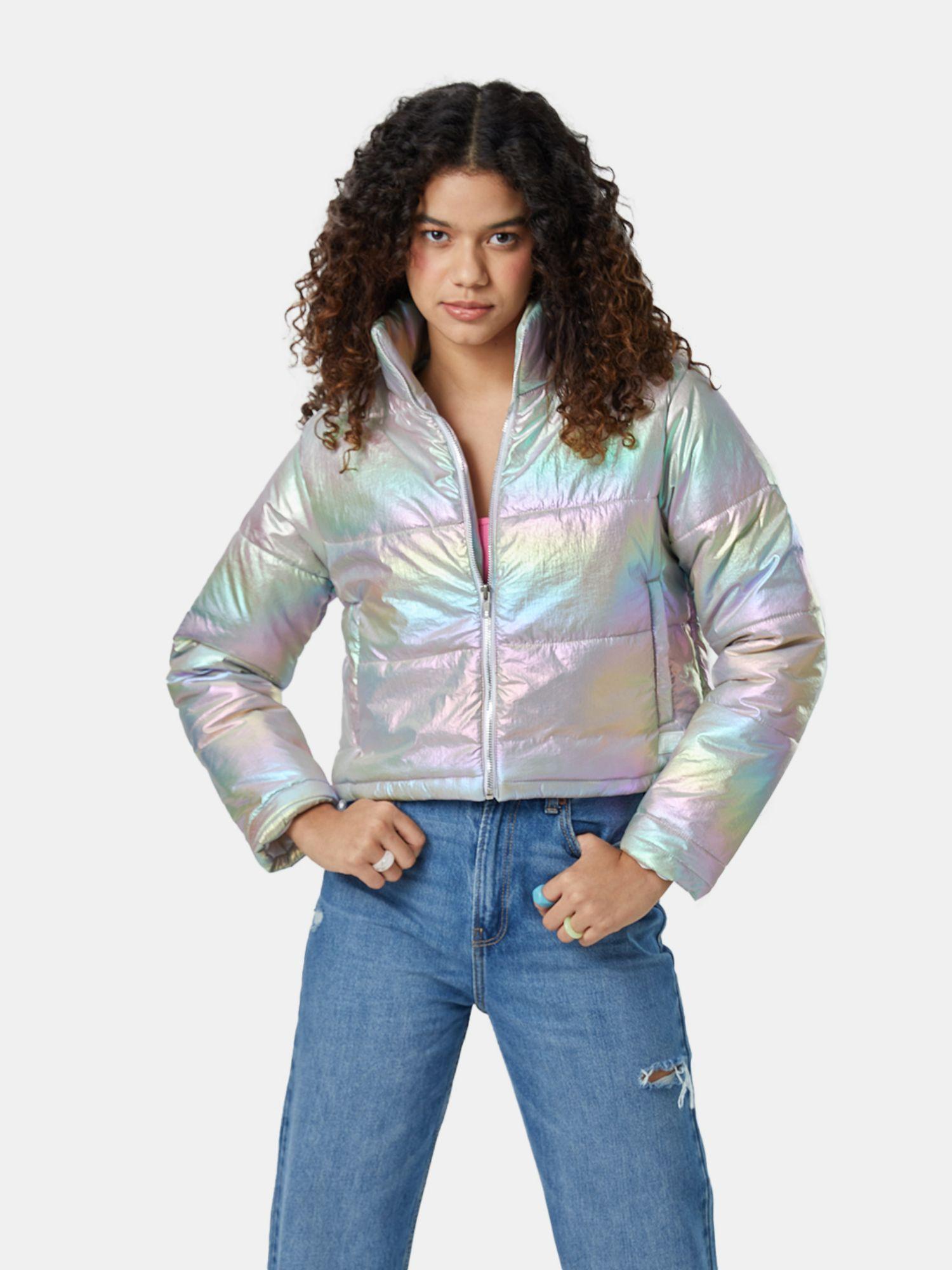 solids shiny metal polyester women puffer jacket