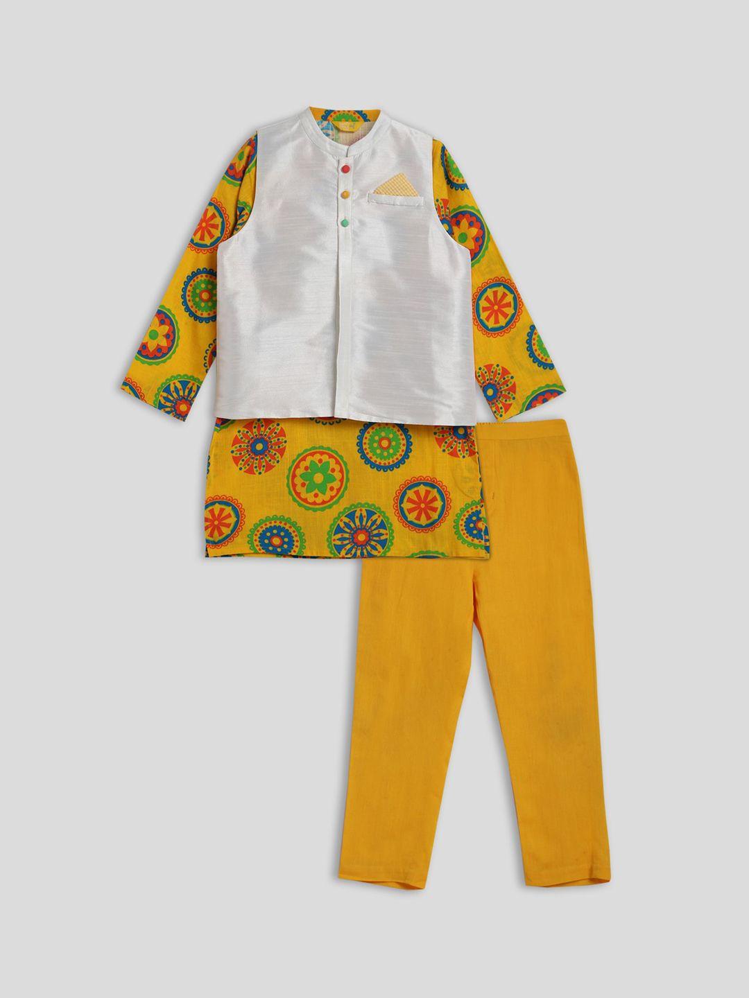 somersault boys floral printed pure cotton straight kurta set with nehru jacket