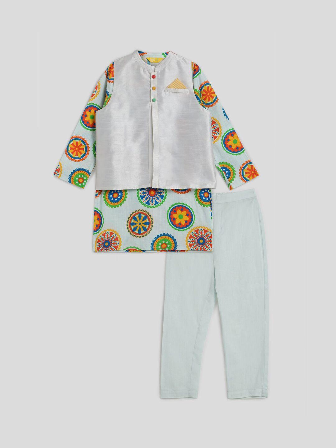 somersault boys floral printed pure cotton straight kurta set with nehru jacket