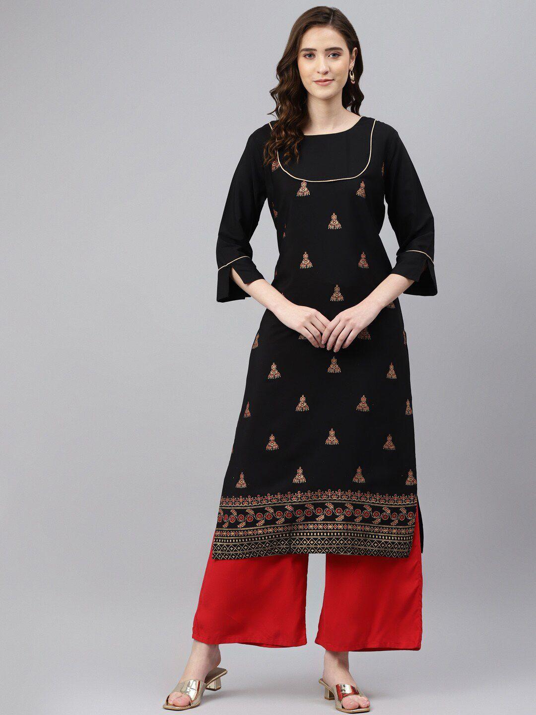 somras women black & gold-toned ethnic motifs printed kurta