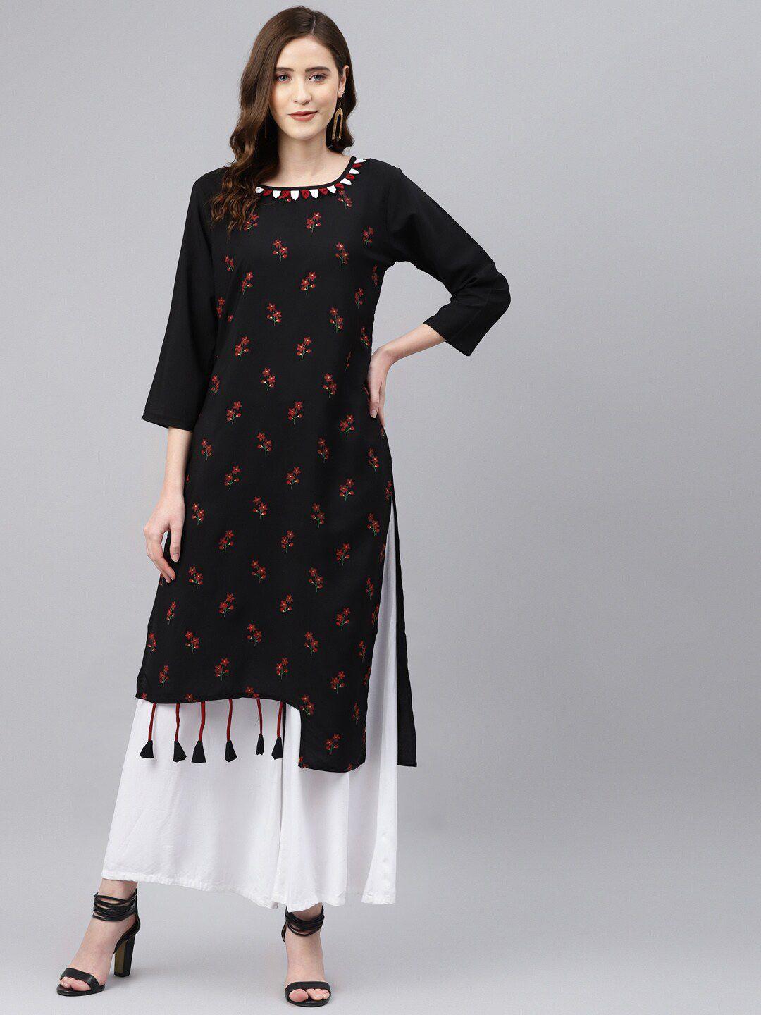 somras women black & red floral printed asymmetric kurta