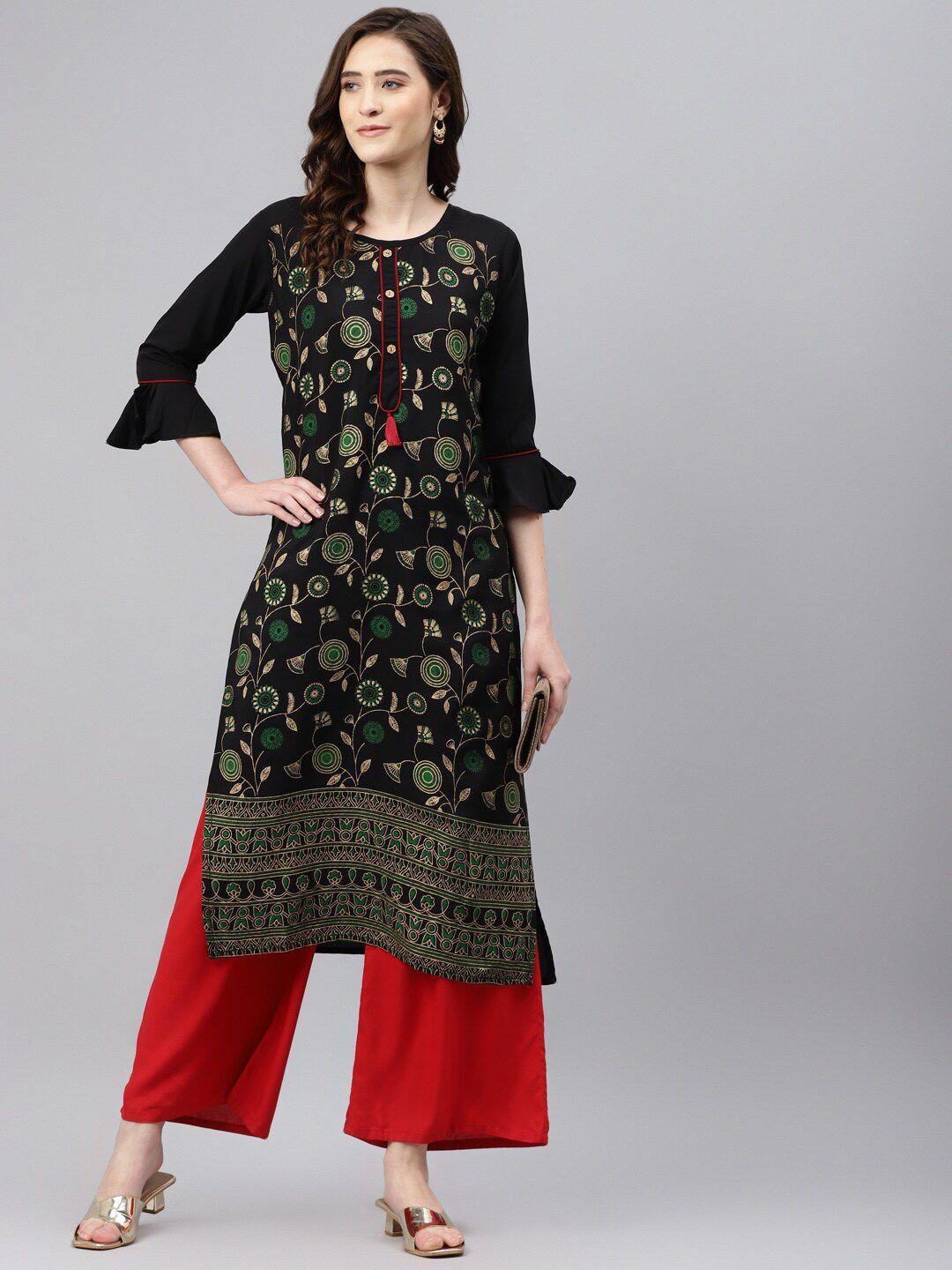 somras women black ethnic motifs printed straight kurta