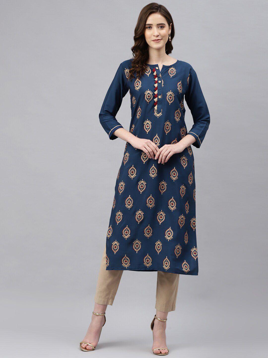 somras women blue & gold-toned ethnic motifs printed kurta