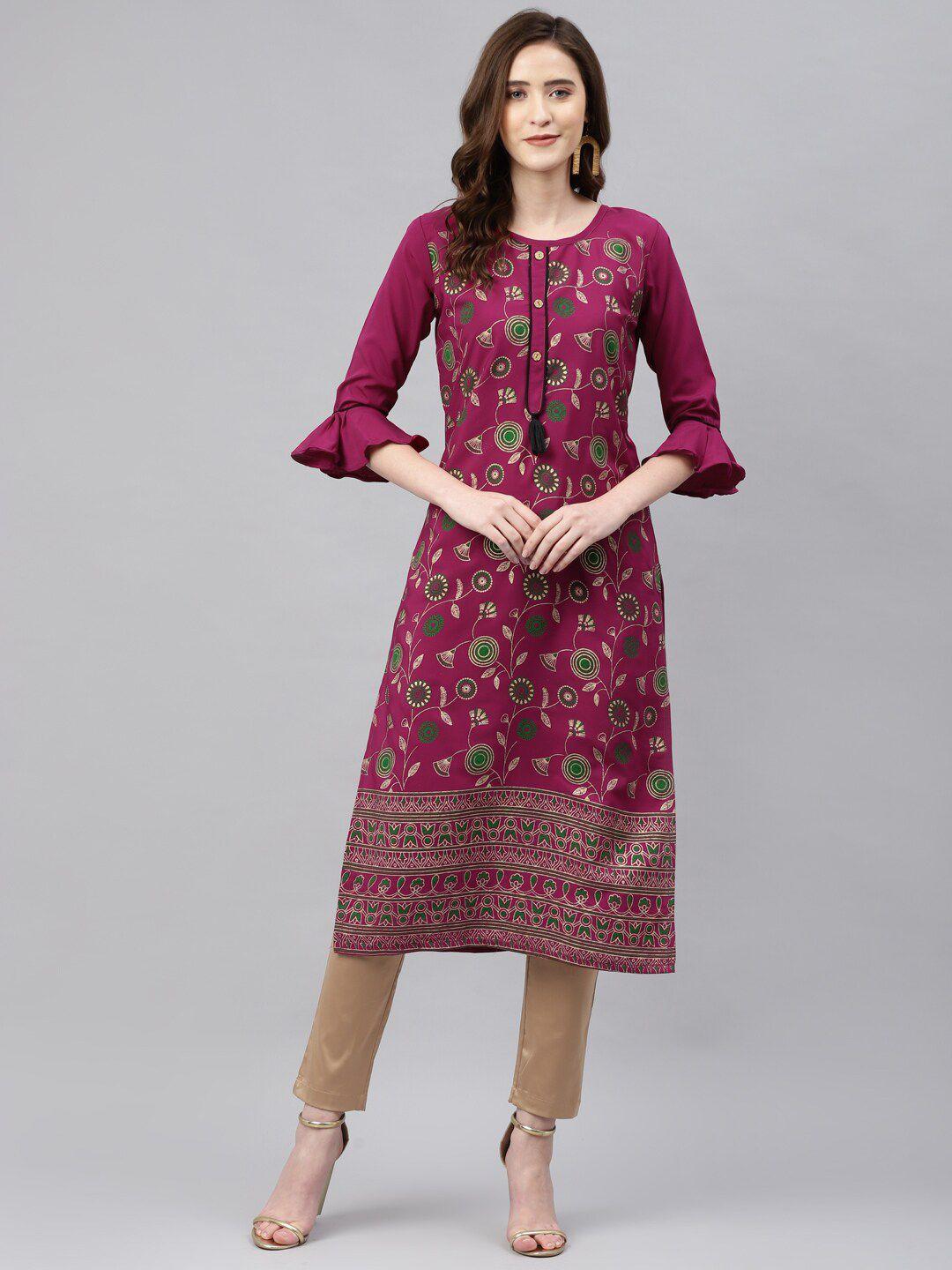 somras women magenta floral bell sleeves kurta