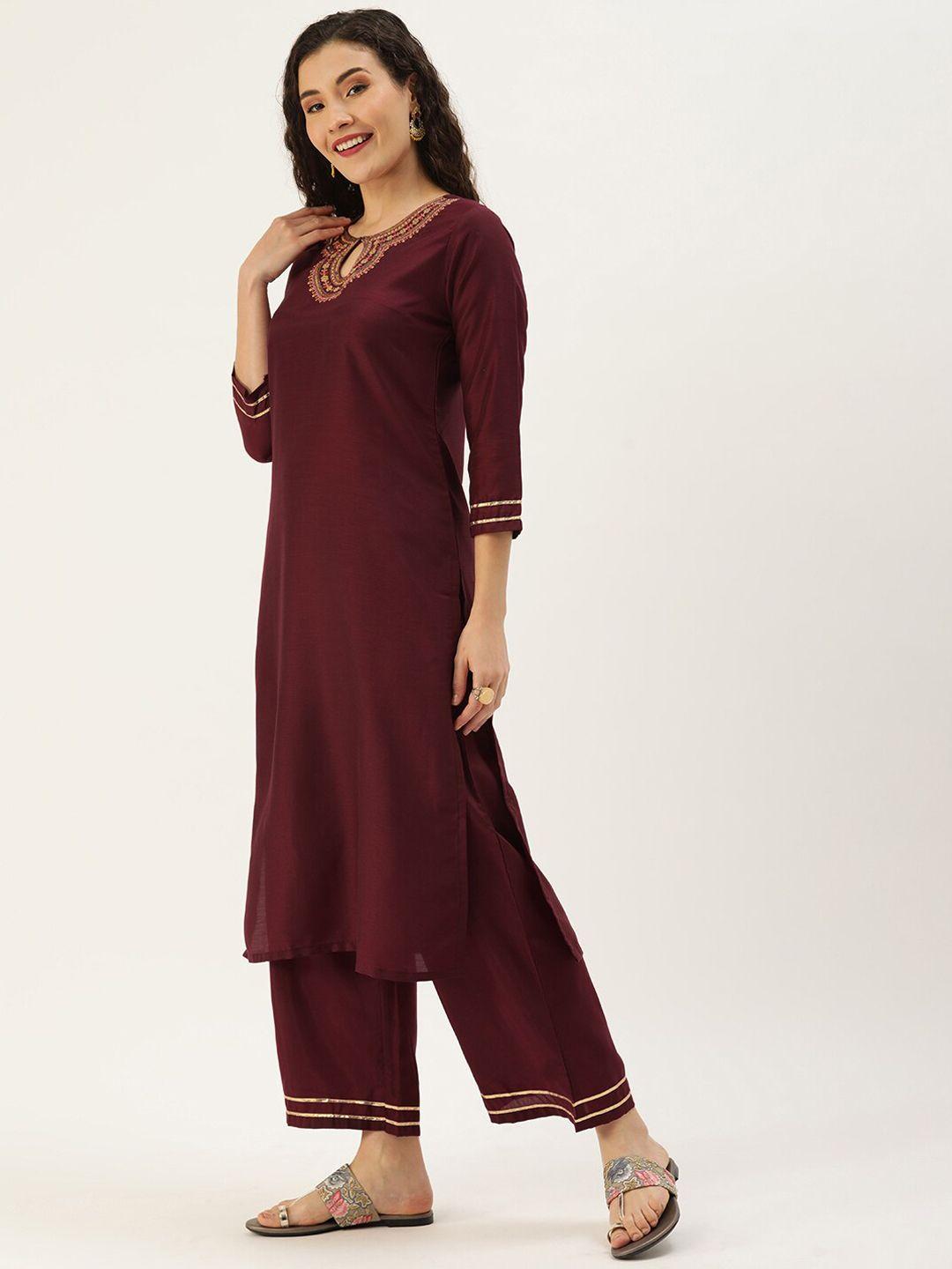 somras women maroon ethnic motifs yoke design sequinned kurta with trousers