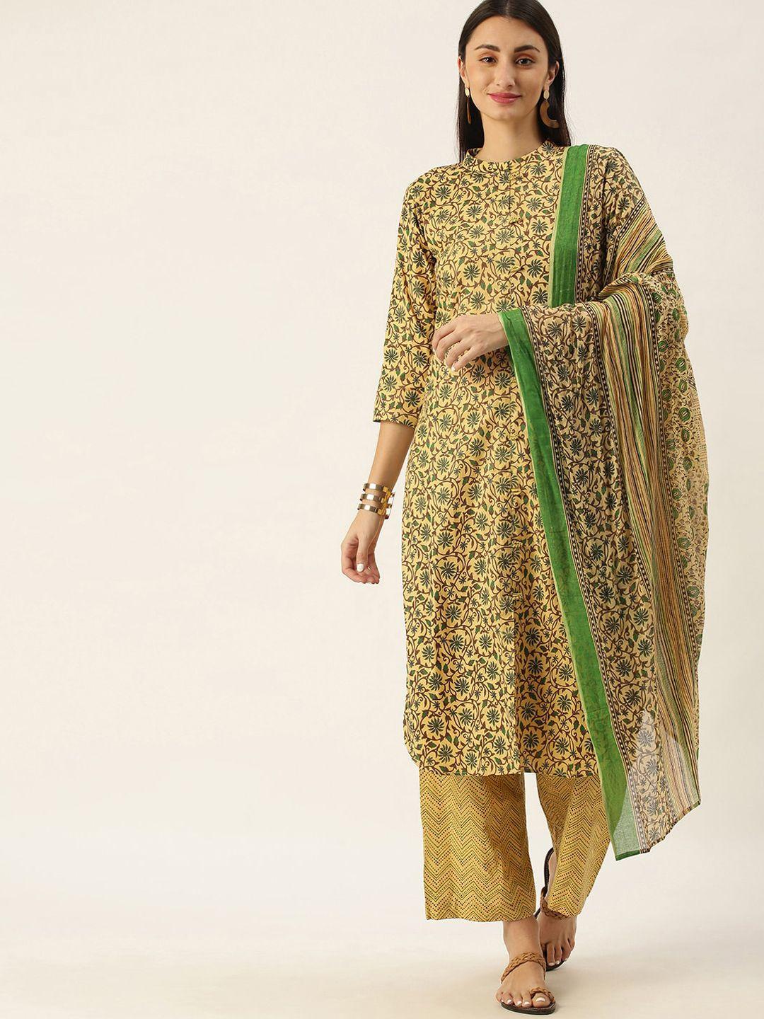 somras women mustard yellow floral printed pure cotton kurta with palazzos & with dupatta