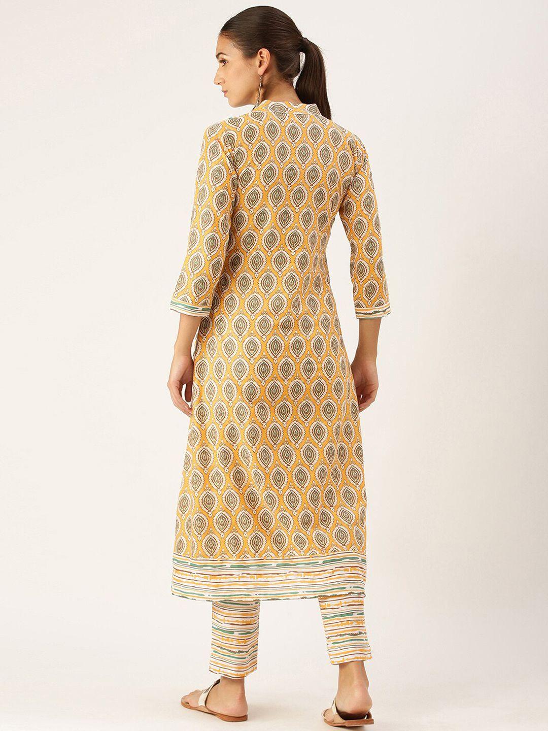 somras women mustard yellow floral pure cotton kurta with trousers