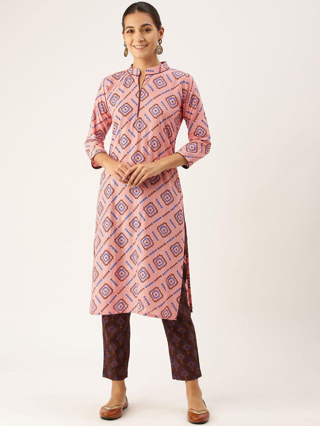 somras women pink & brown ethnic motifs printed pure cotton kurta with trousers