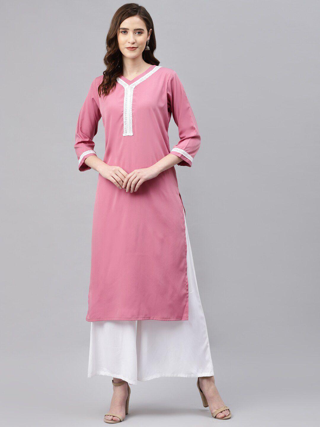 somras women pink & white thread work kurta