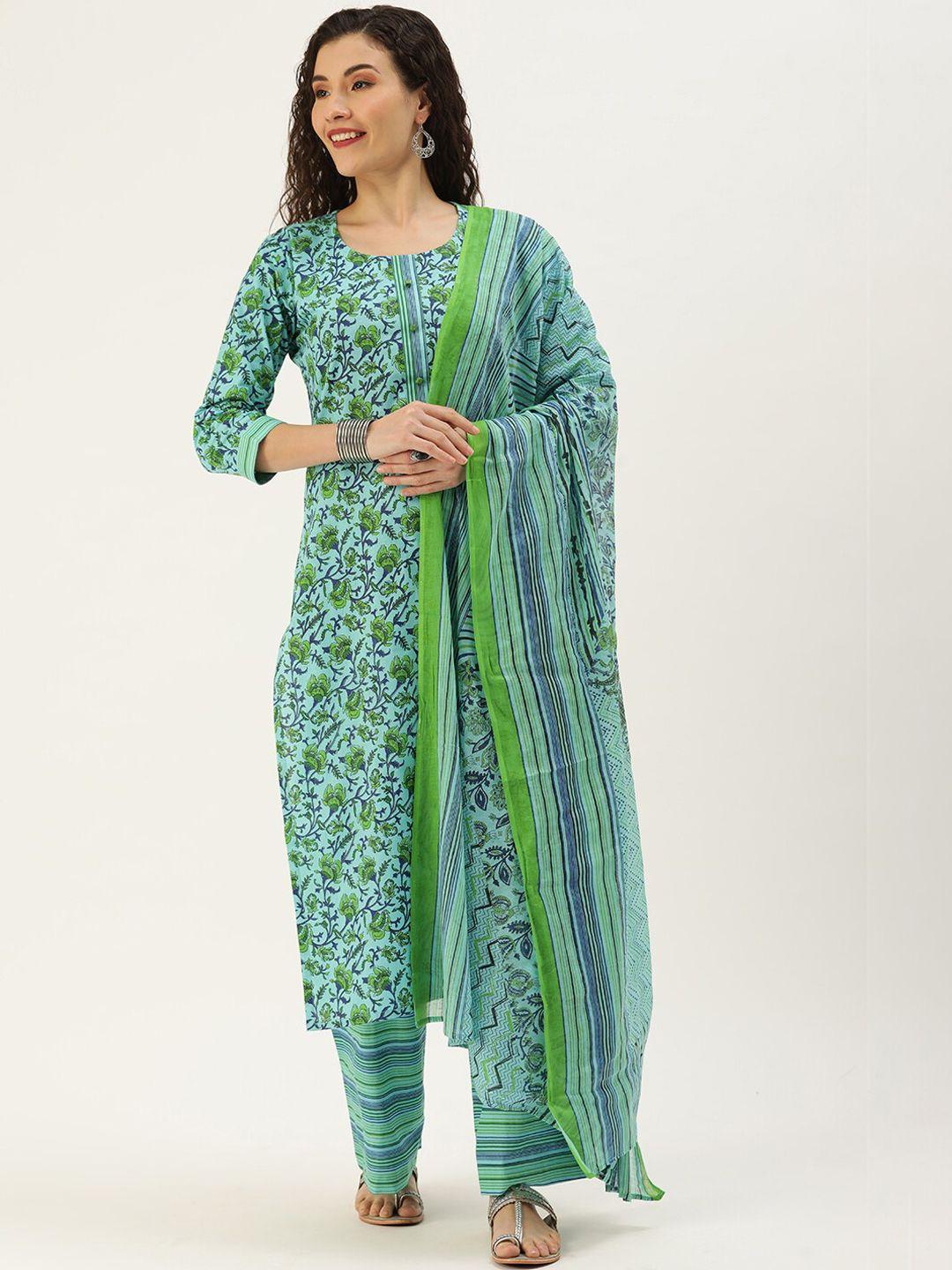 somras women sea green floral printed pure cotton kurta with trousers & with dupatta