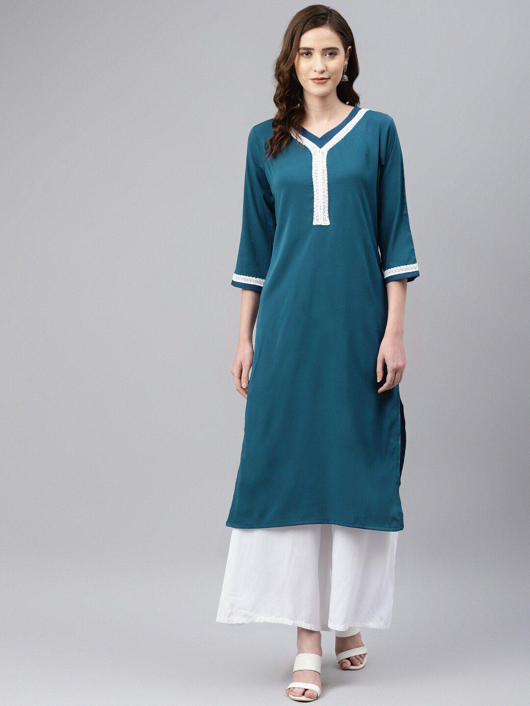 somras women teal & white yoke design kurta