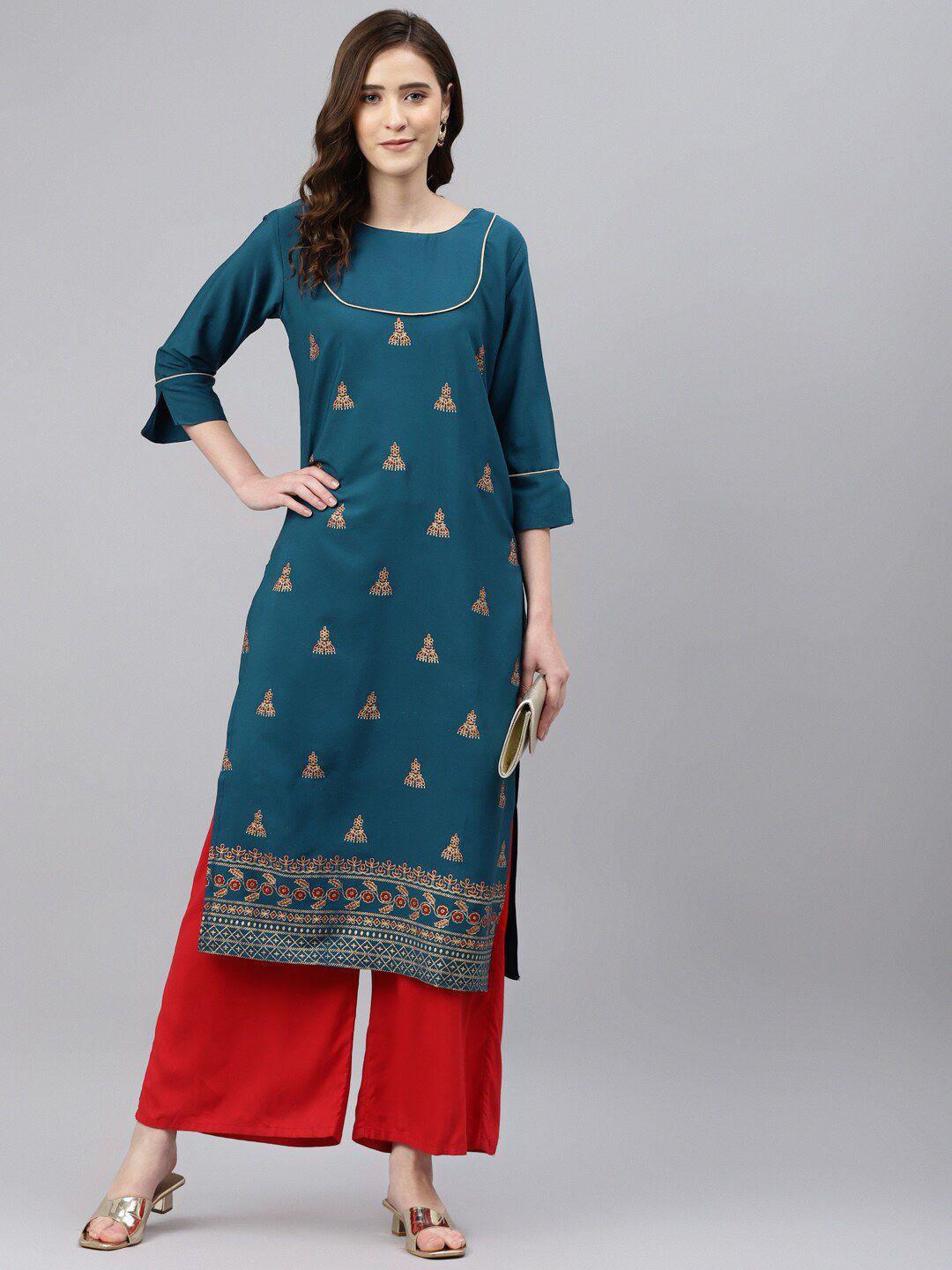 somras women teal blue & golden ethnic motifs printed straight kurta