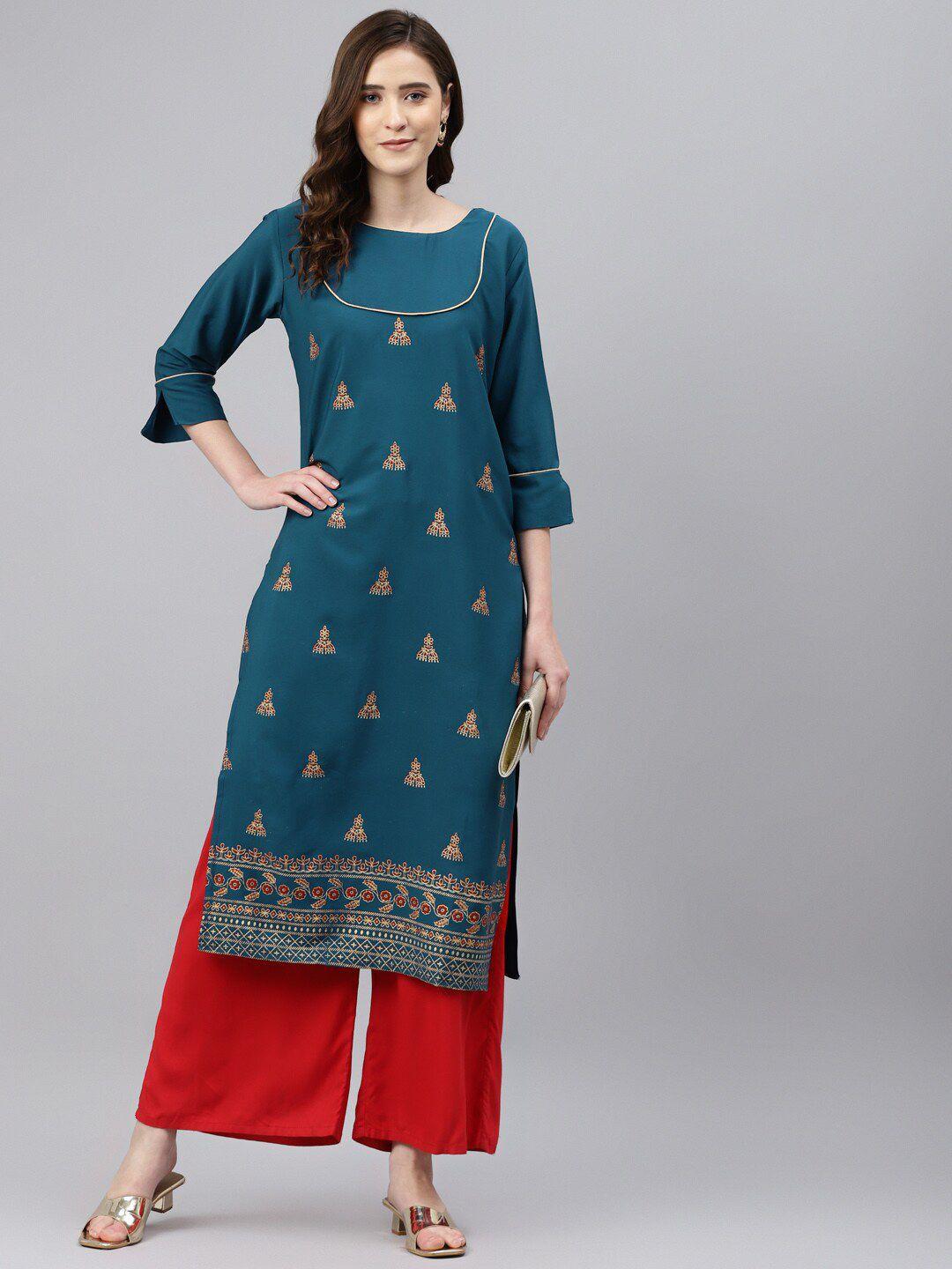 somras women teal ethnic motifs printed kurta