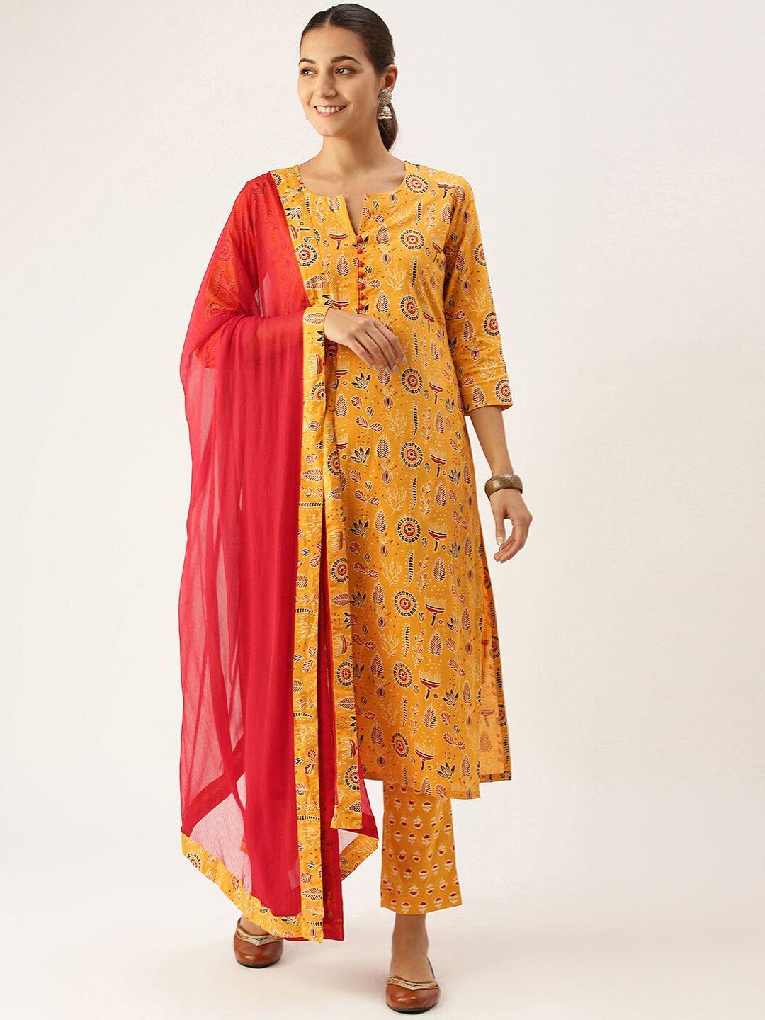 somras women yellow ethnic motifs printed pure cotton kurta with palazzos & with dupatta