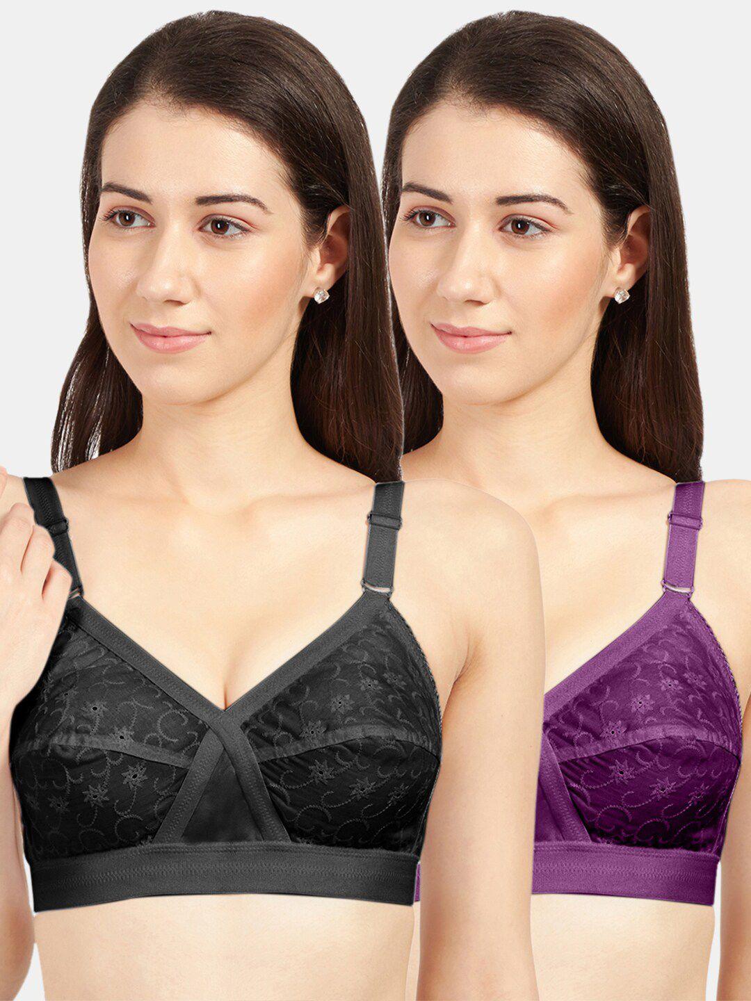 sonari pack of 2 black & purple floral pure cotton bra