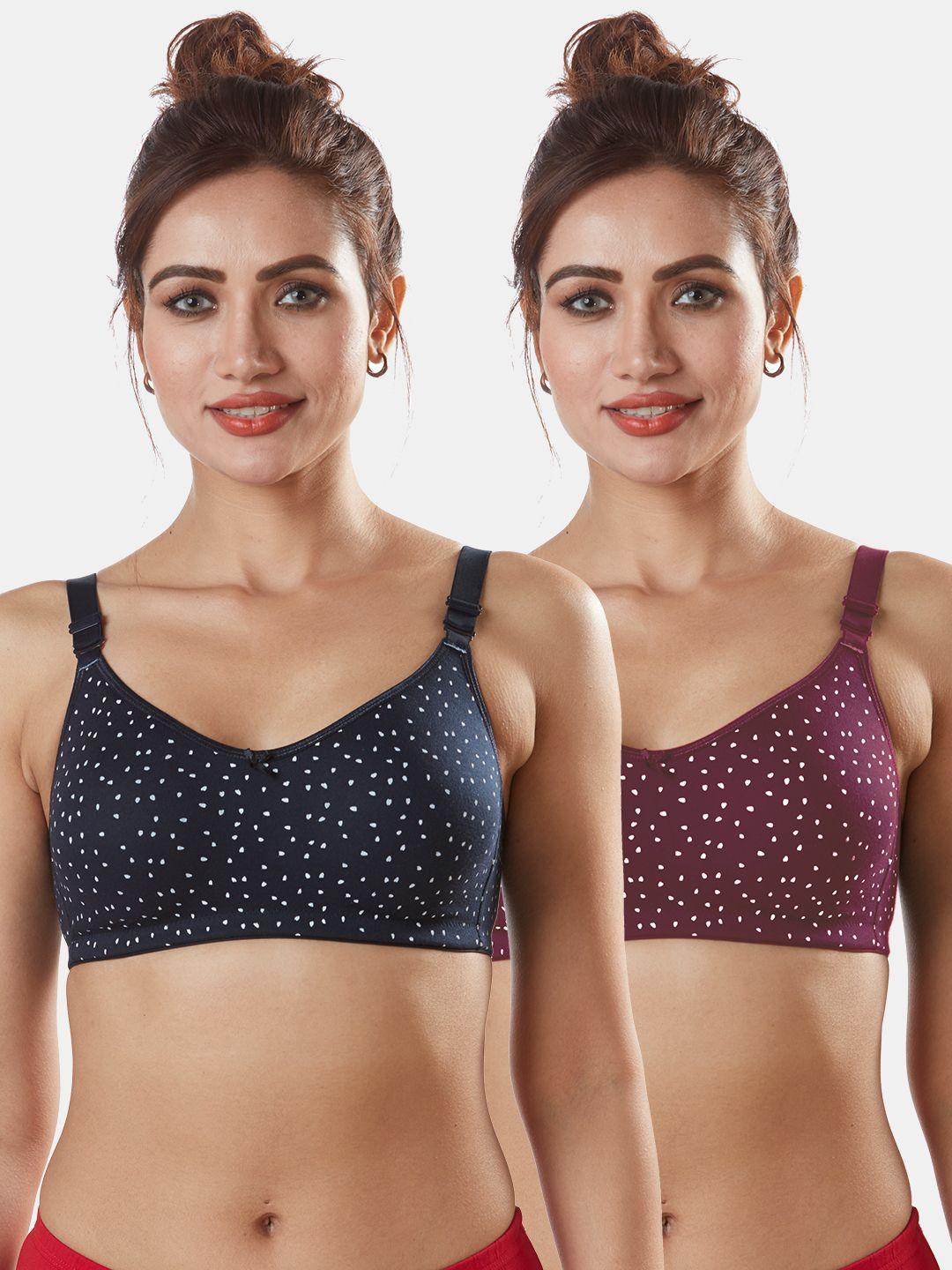 sonari pack of 2 navy blue & burgundy abstract cotton blend t-shirt bras nivyanbluewine32d