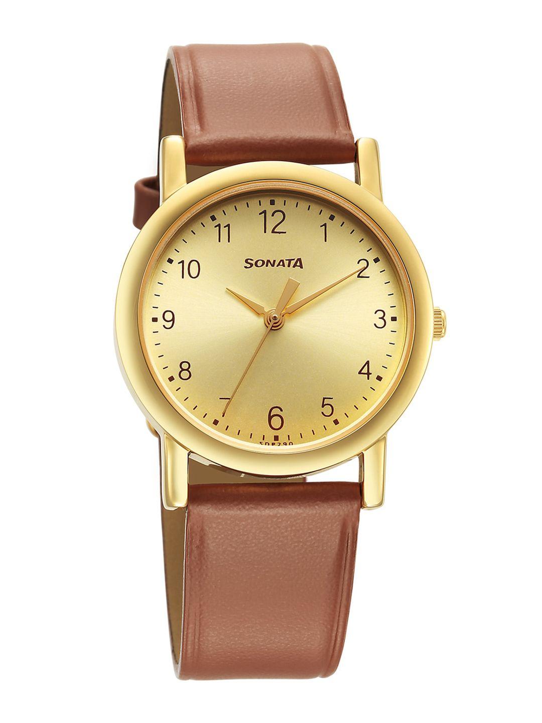 sonata classique collection men brass dial & leather straps analogue watch 7987yl08w