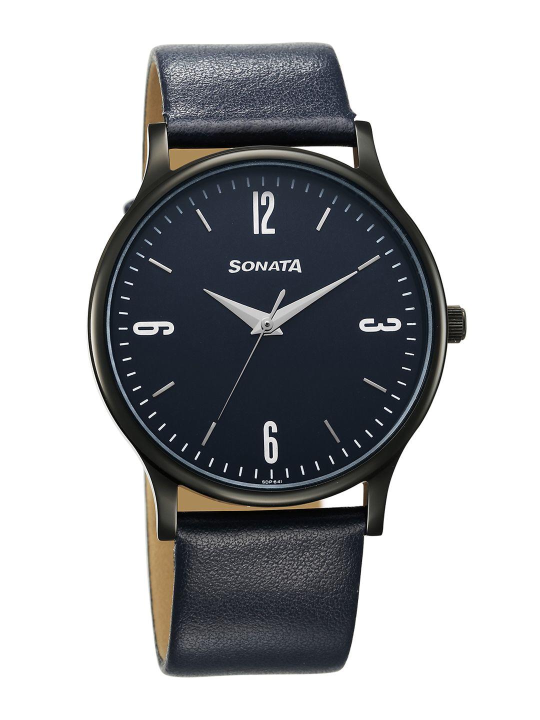 sonata men brass dial & leather straps analogue watch 77105nl11w