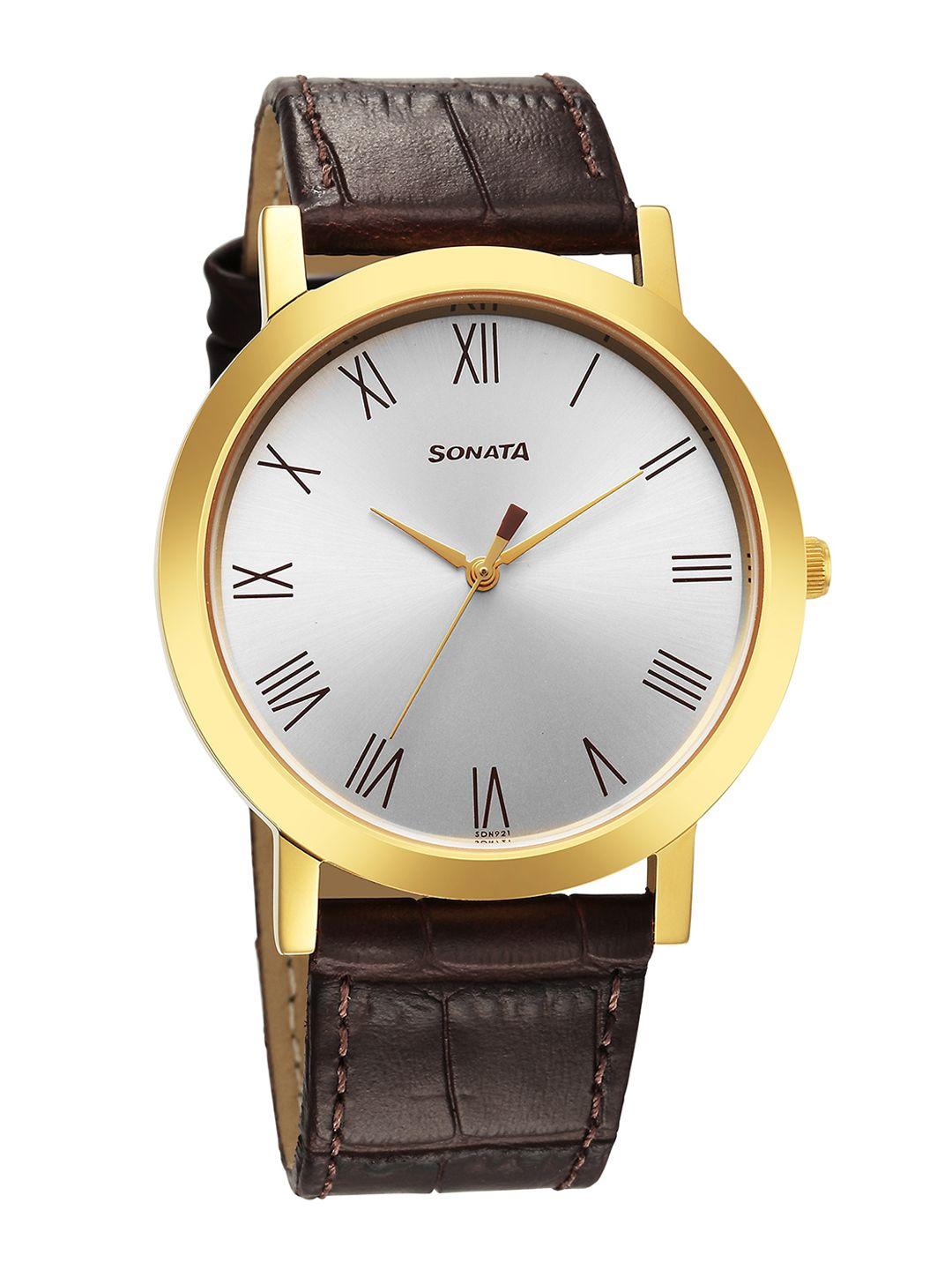 sonata men brass dial & leather straps analogue watch 77108yl01-