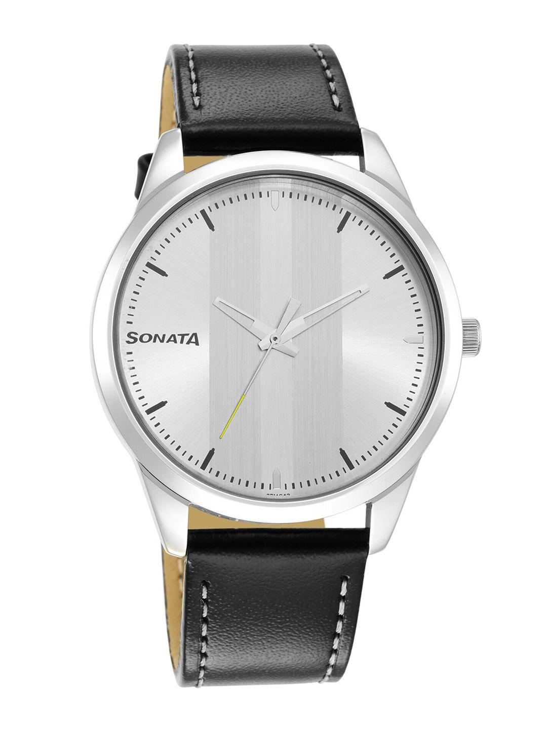 sonata men silver-toned brass dial & black leather straps analogue watch 7146sl01