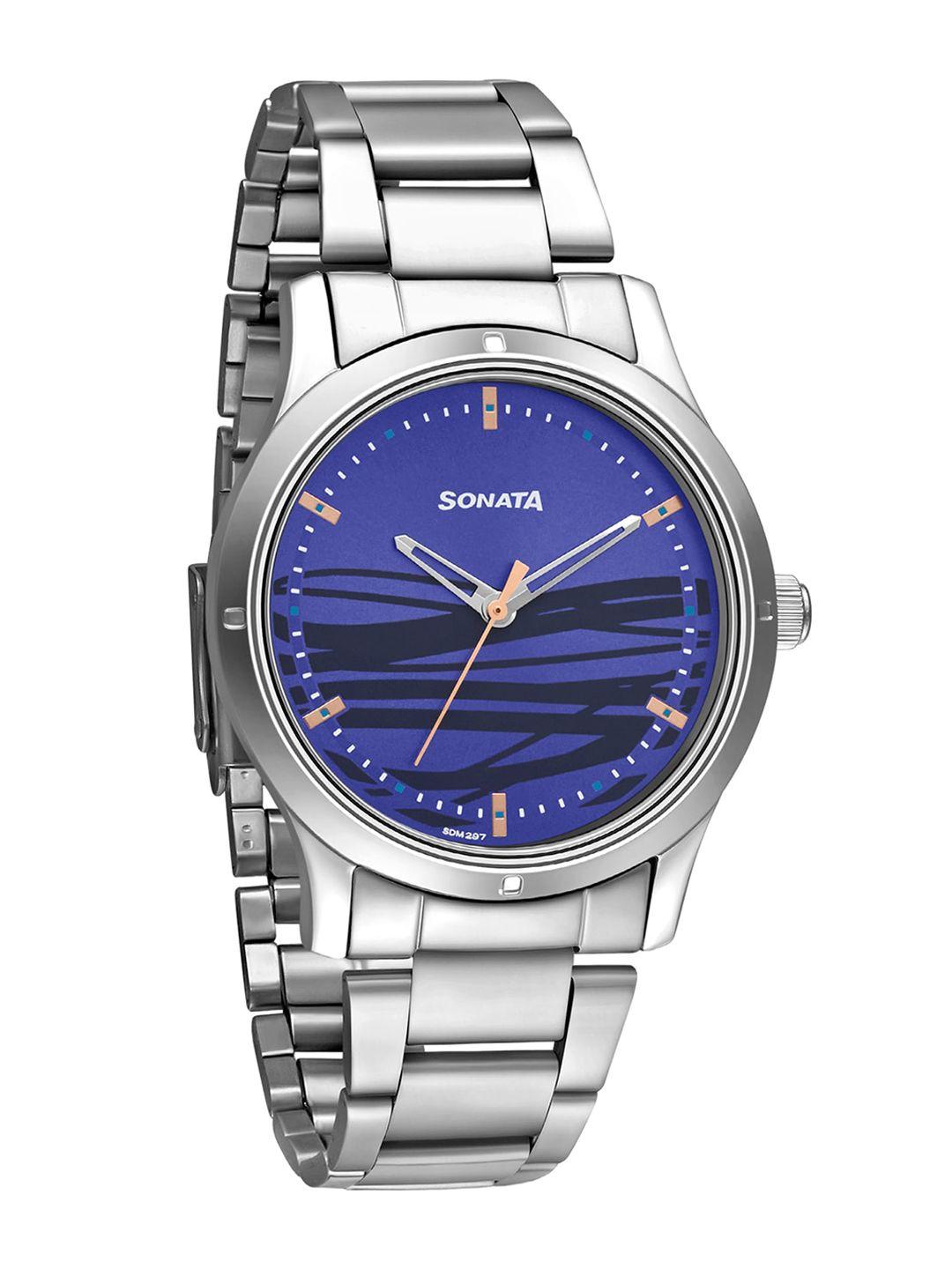 sonata women blue brass printed dial & silver toned stainless steel bracelet style straps analogue watch 8183sm03