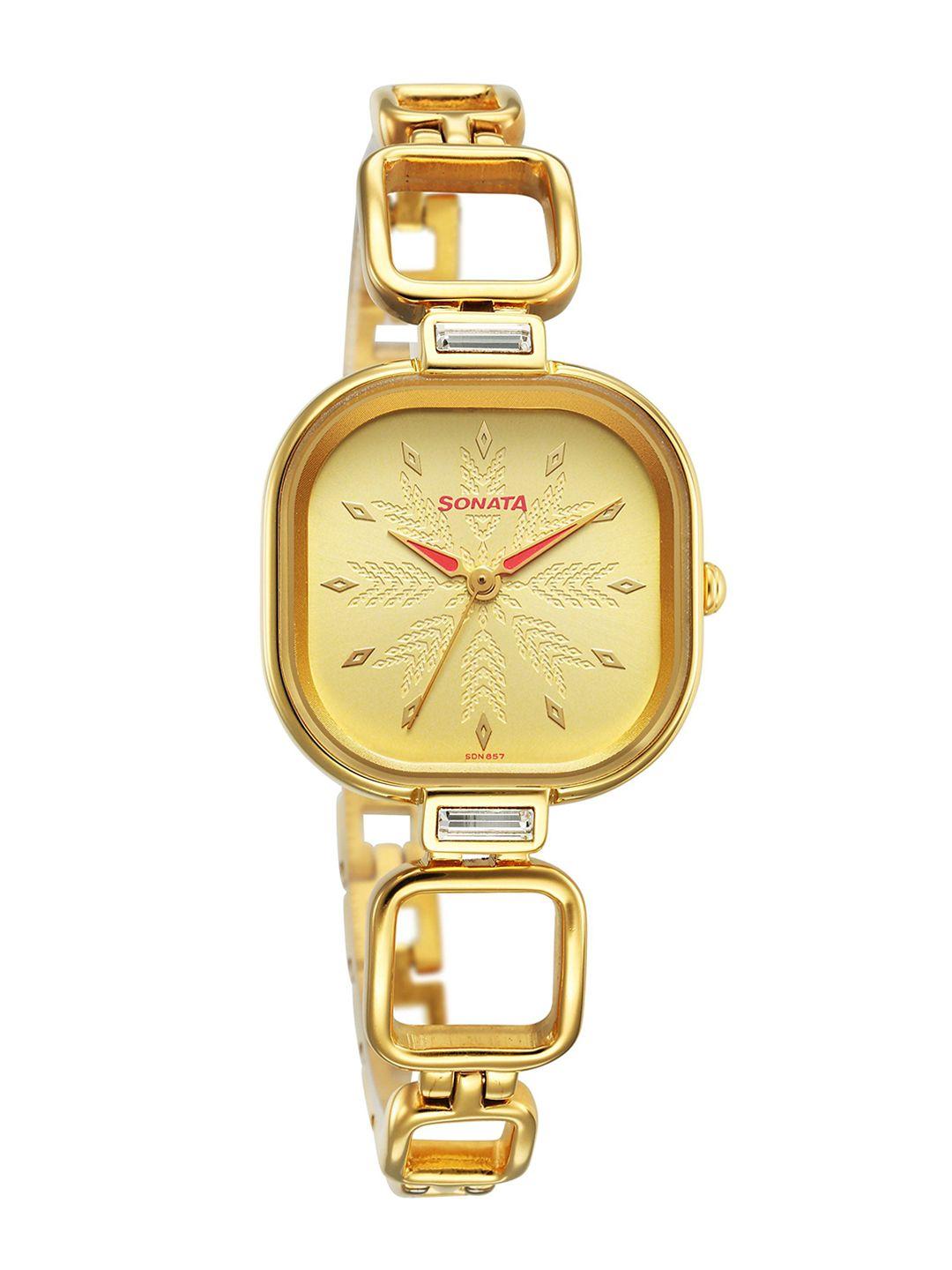 sonata women brass dial & stainless steel bracelet style straps analogue watch 8186ym01