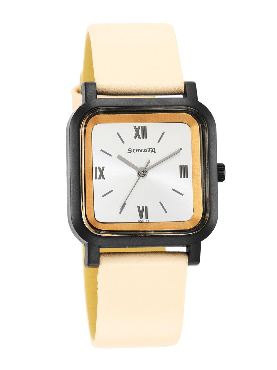 sonata women silver-toned dial & beige leather straps analogue watch