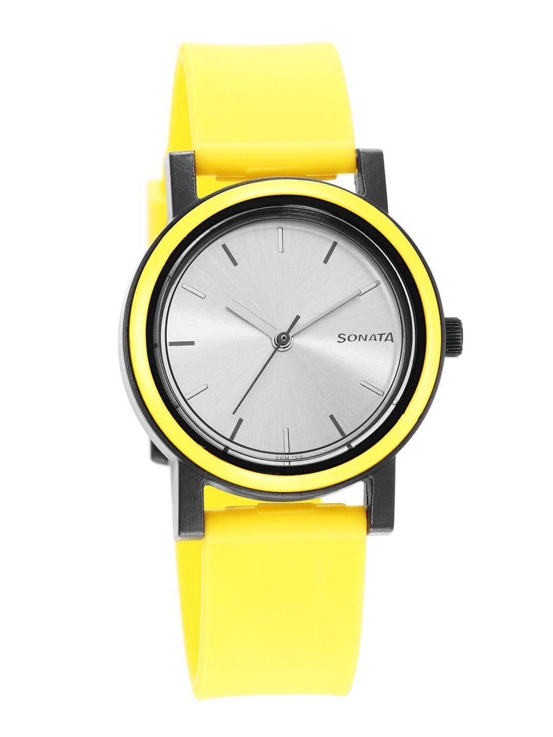 sonata women silver-toned dial & yellow straps analogue watch 87038pp04w