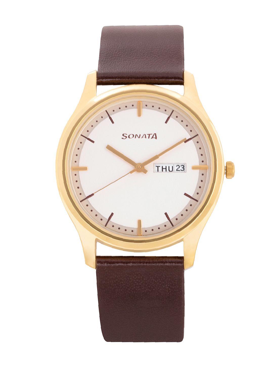 sonata essentials men off white analogue watch 77082yl03