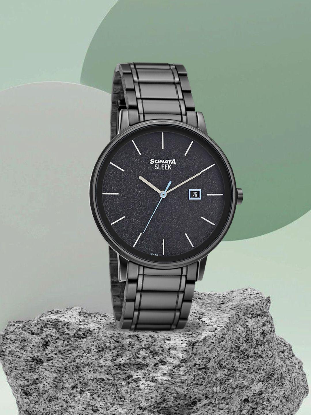 sonata men black analogue watch