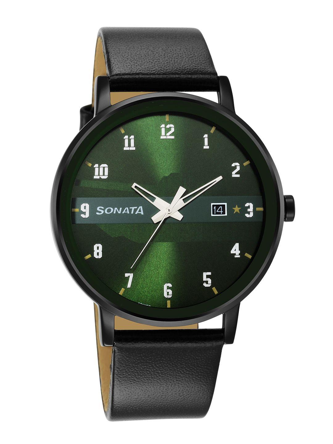 sonata men black brass dial & black leather straps analogue watch 7131nl05