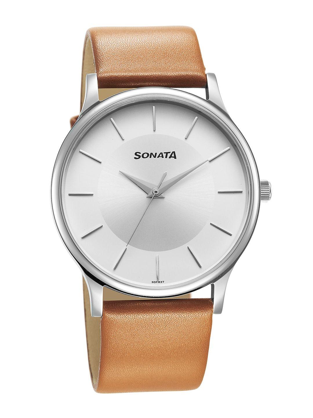 sonata men brass dial & leather straps analogue watch 77105sl16w