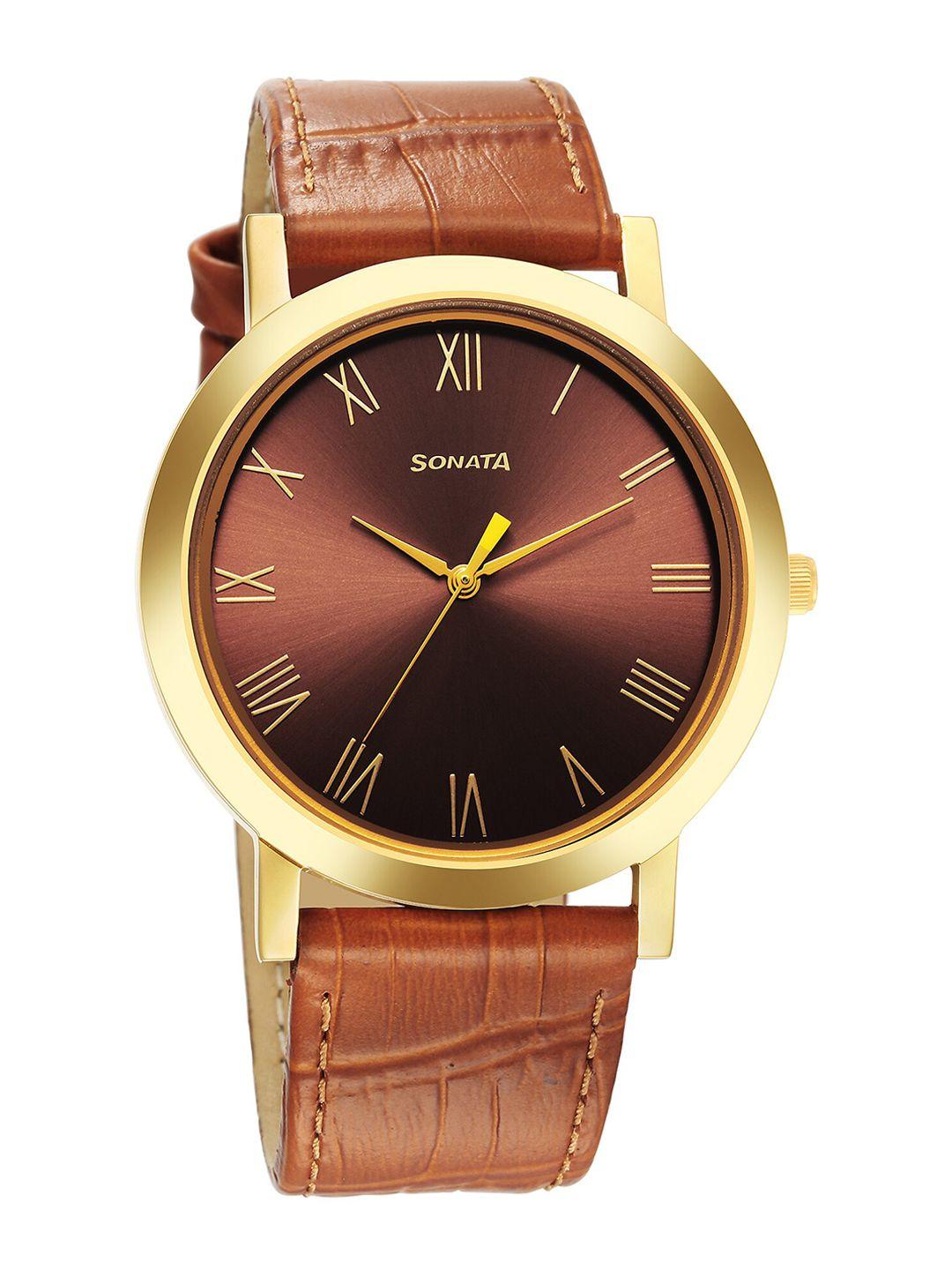 sonata men brass dial & leather straps analogue watch 77108yl02