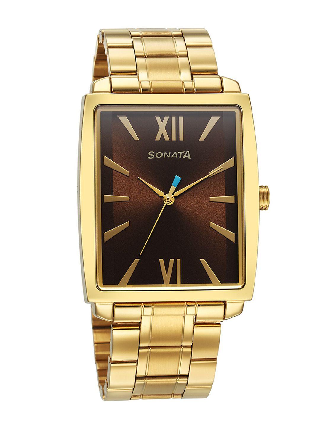 sonata men brass dial & stainless steel style straps analogue watch 7143ym02