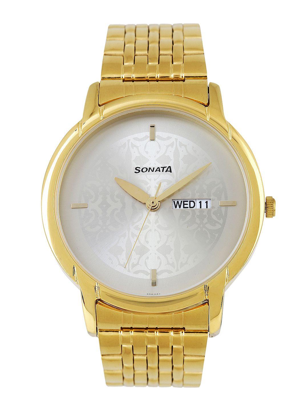 sonata men gold-toned dial watch 77031ym04j