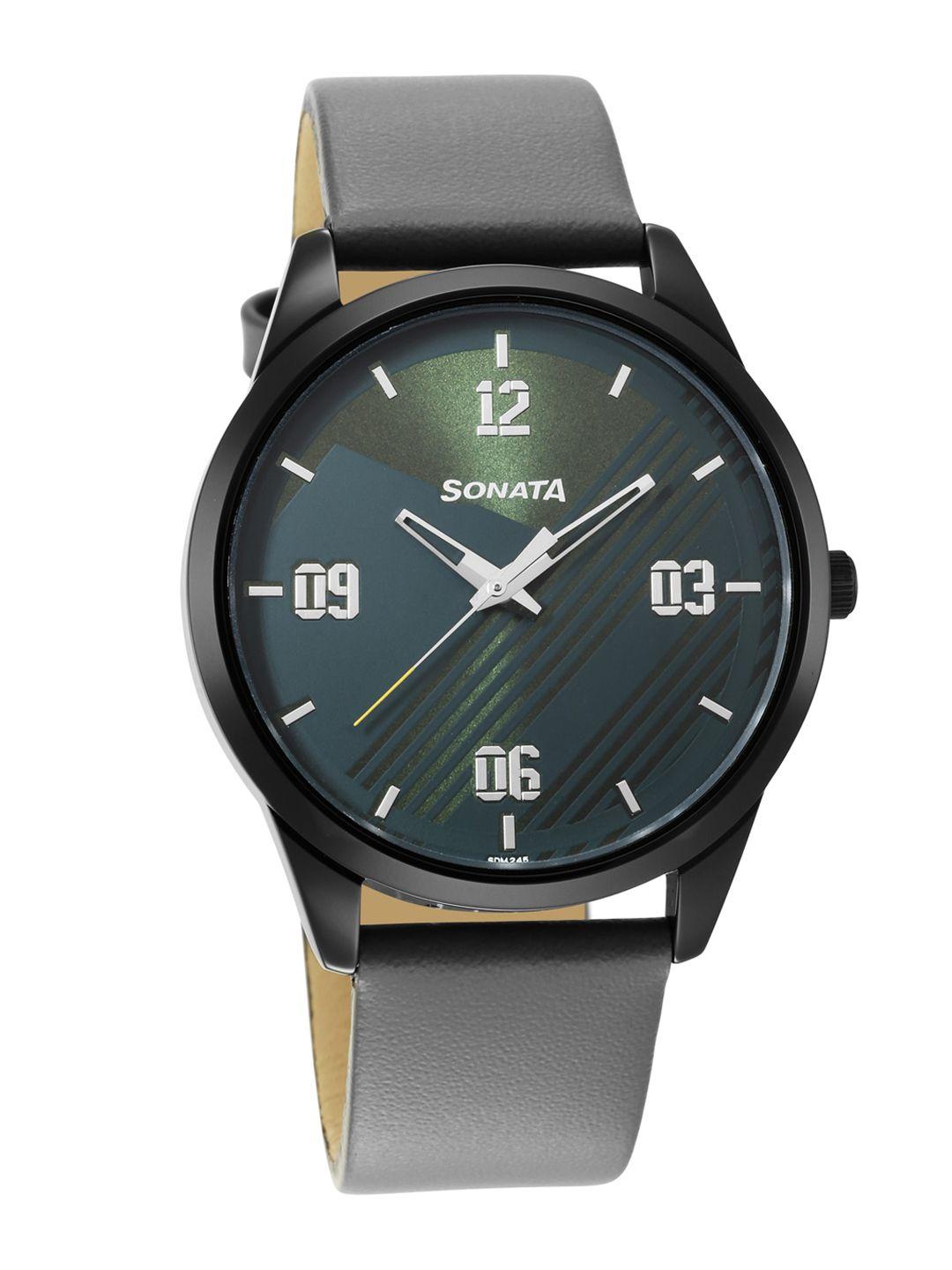 sonata men green brass dial & grey leather straps analogue watch 7146nl03