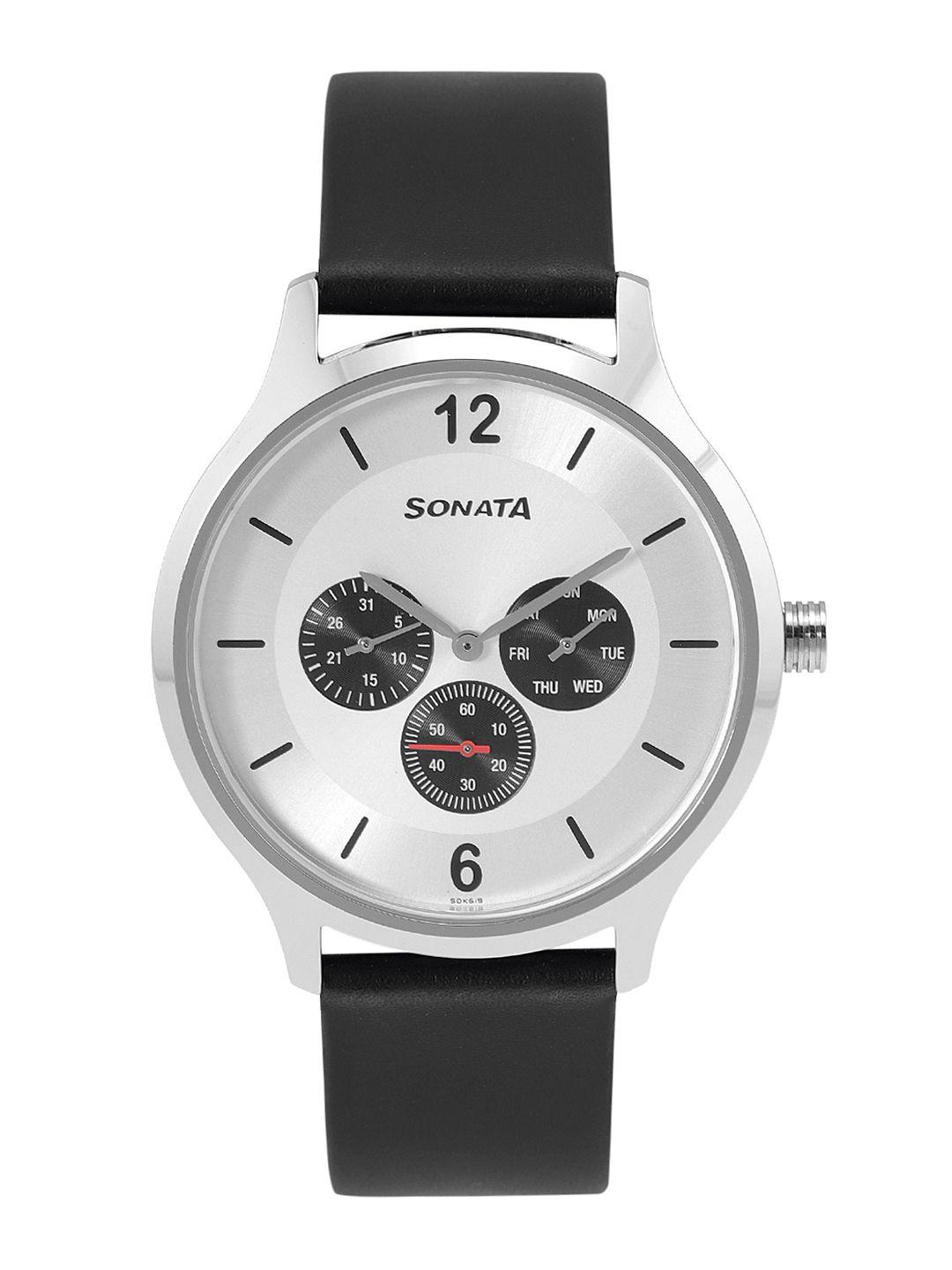 sonata men leather straps analogue multi function watch nr7140sl01