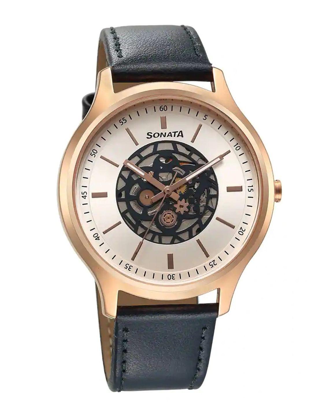 sonata men silver-toned brass printed dial & leather straps analogue watch 7140wl03