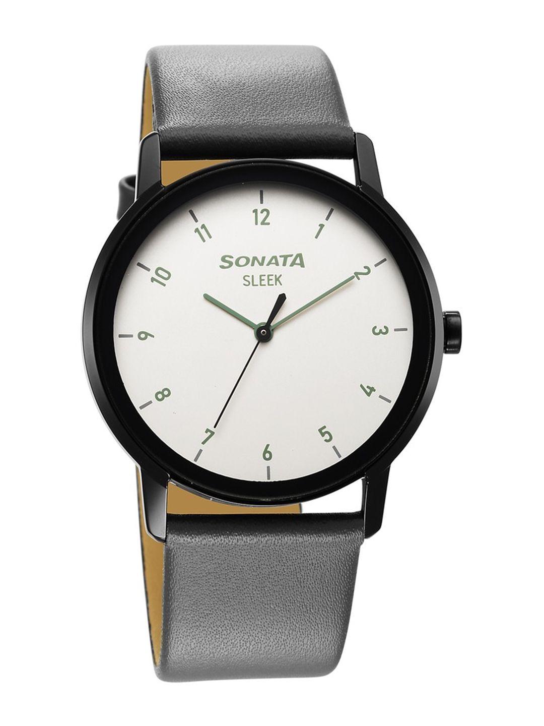 sonata menprinted dial & leather straps analogue watch 7147nl02