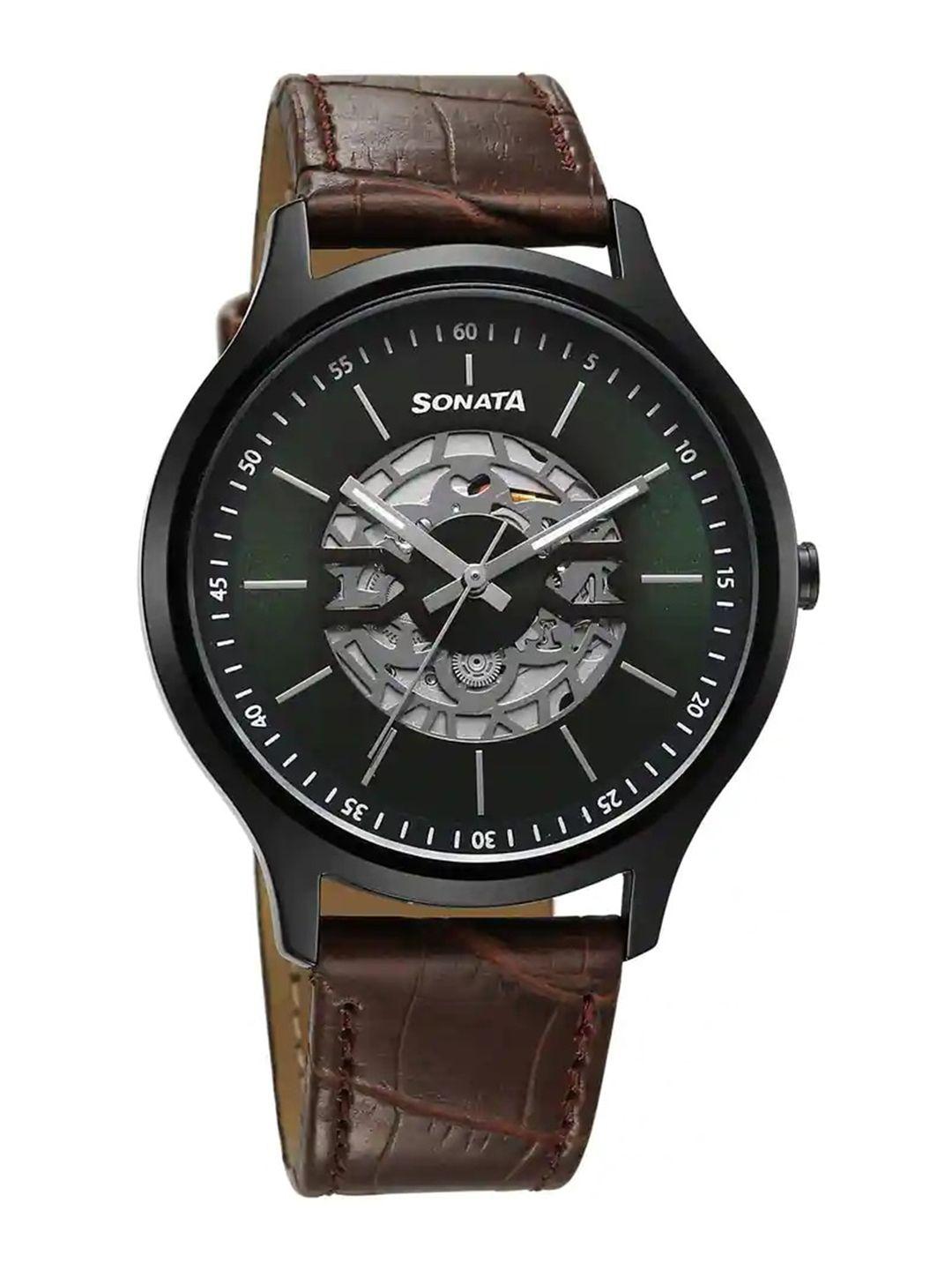 sonata unveil 2.0 men brass dial & leather textured straps analogue watch 7140nl06
