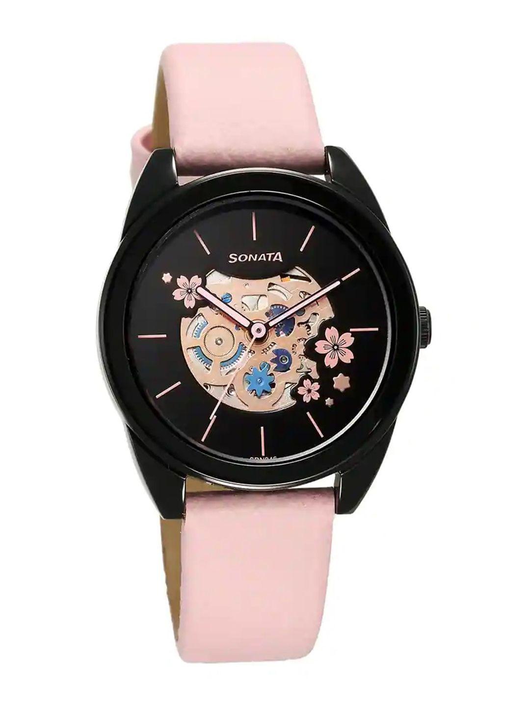 sonata unveil 2.0 women printed dial & leather straps analogue watch 8182nl03