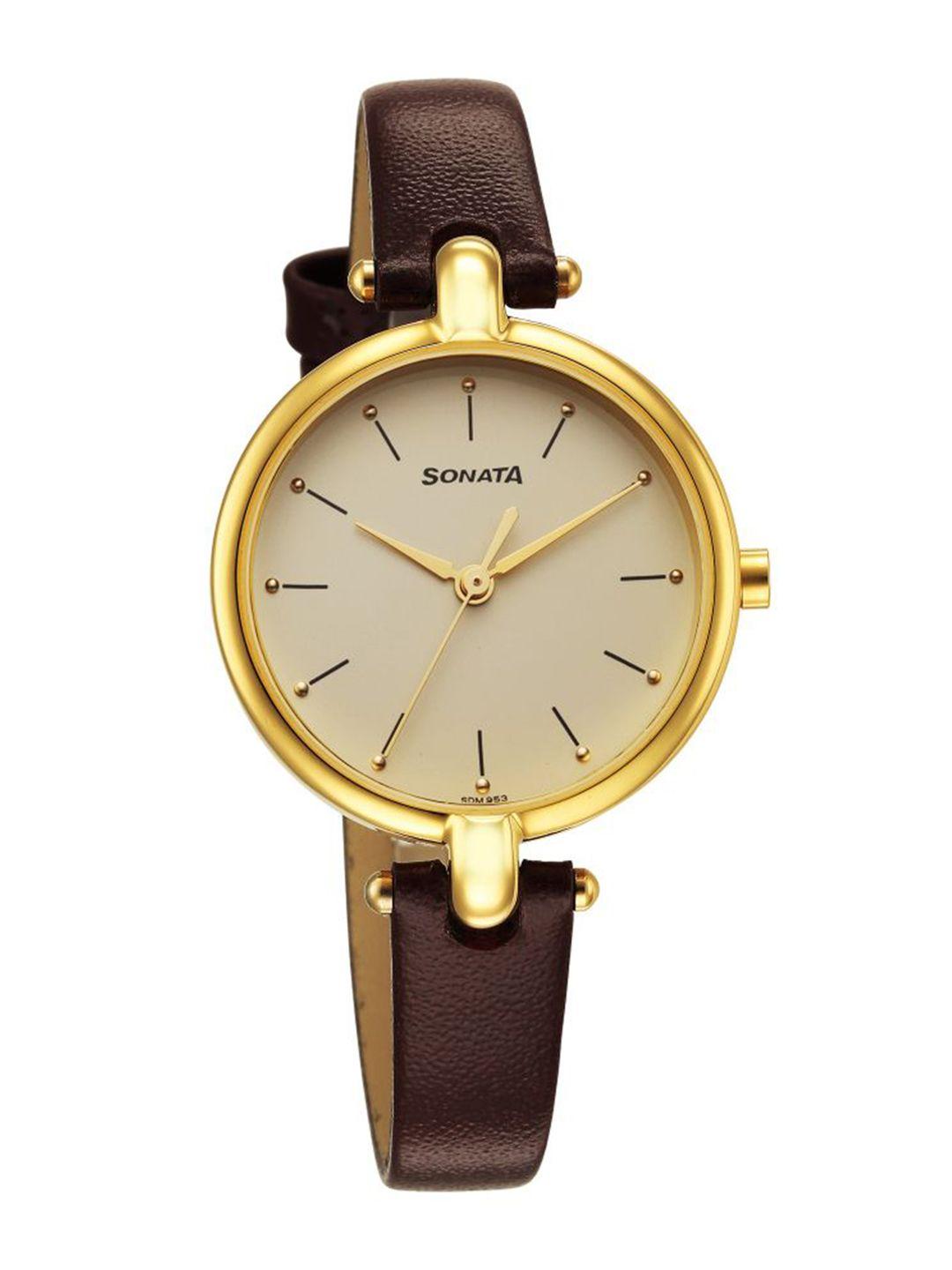 sonata women brass dial & leather straps analogue watch 87043yl02w