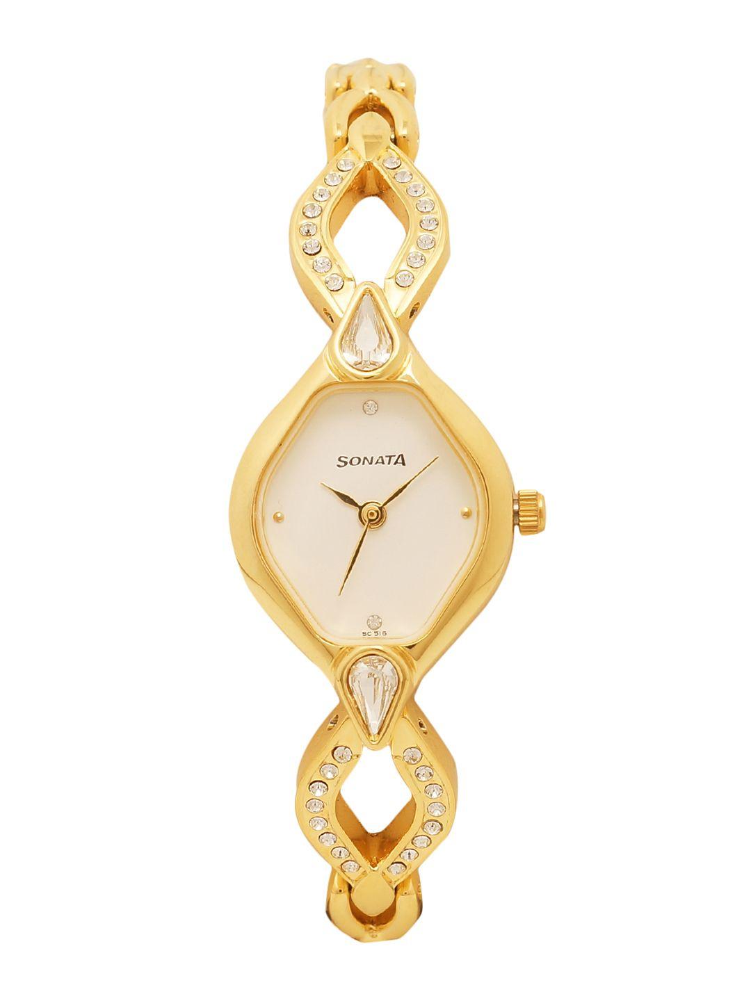 sonata women cream-coloured & gold-toned analogue watch