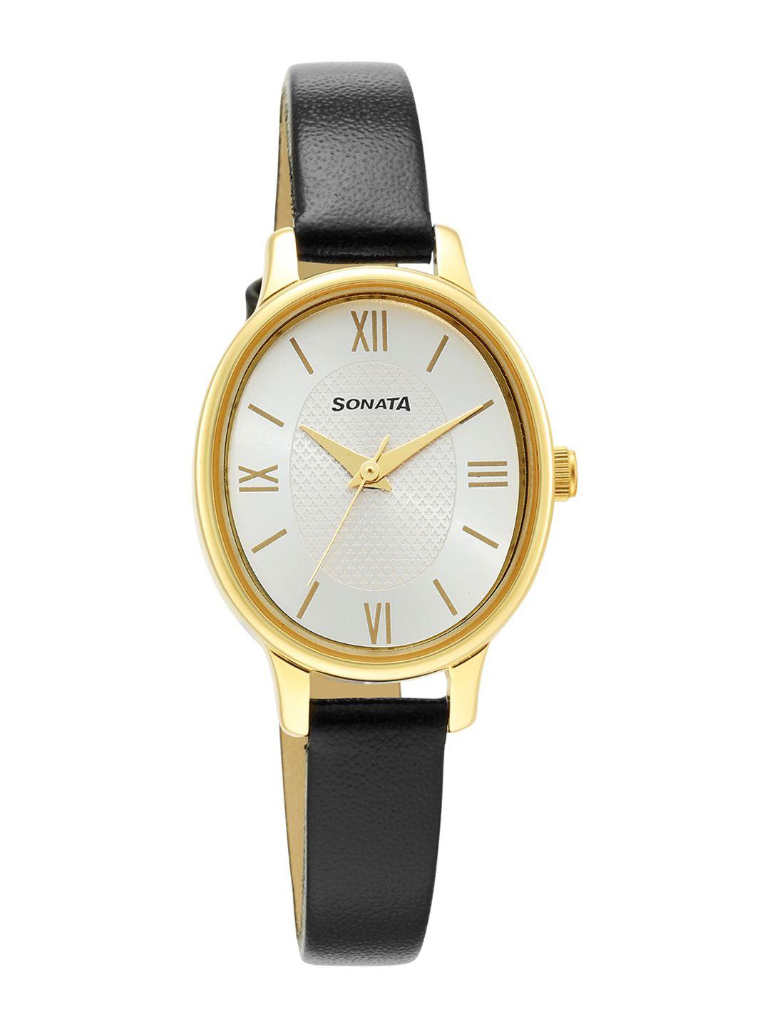 sonata women gold-toned brass dial & black leather straps analogue watch