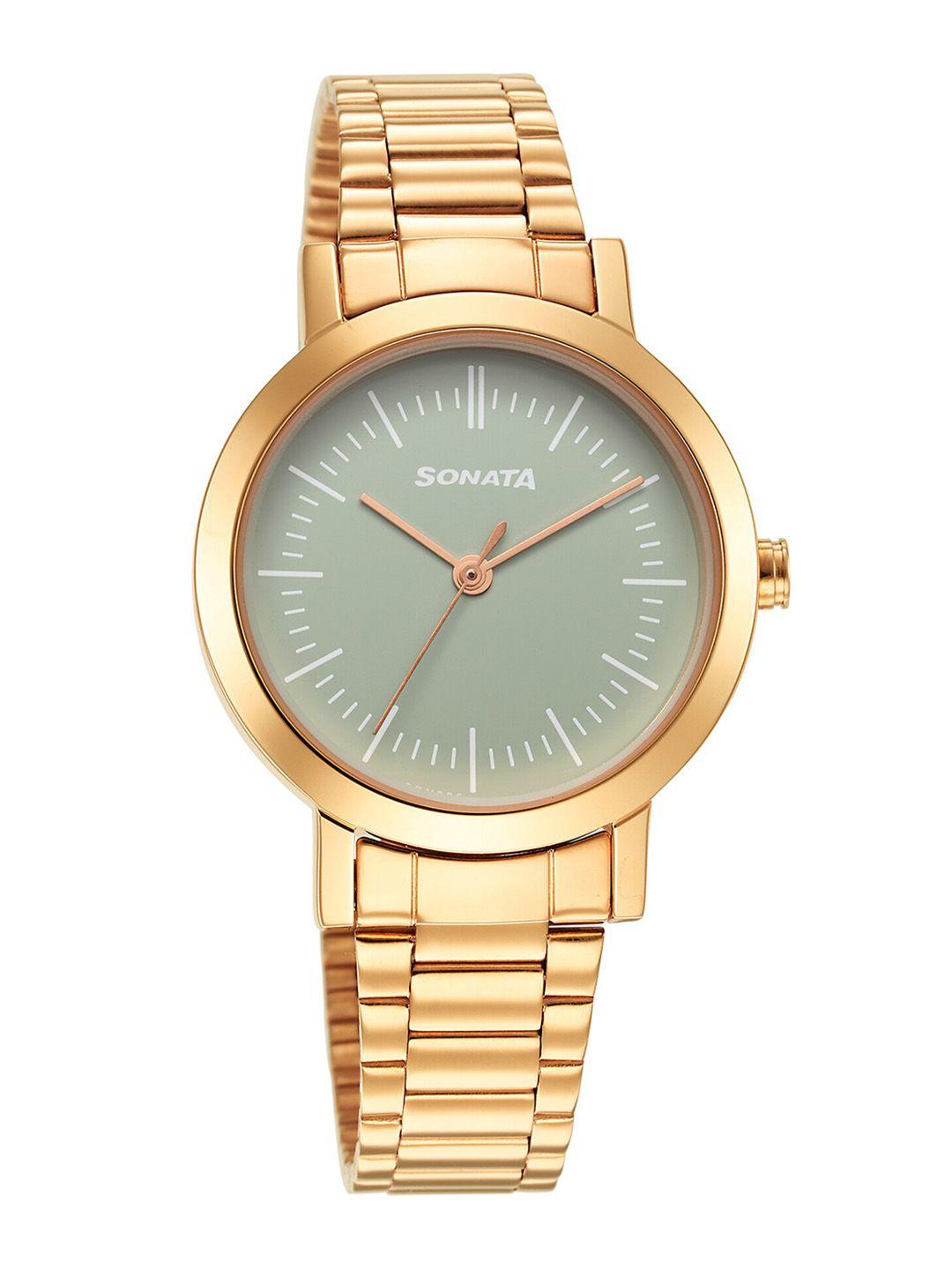 sonata women green brass dial & gold toned stainless steel straps analogue watch 8174wm04